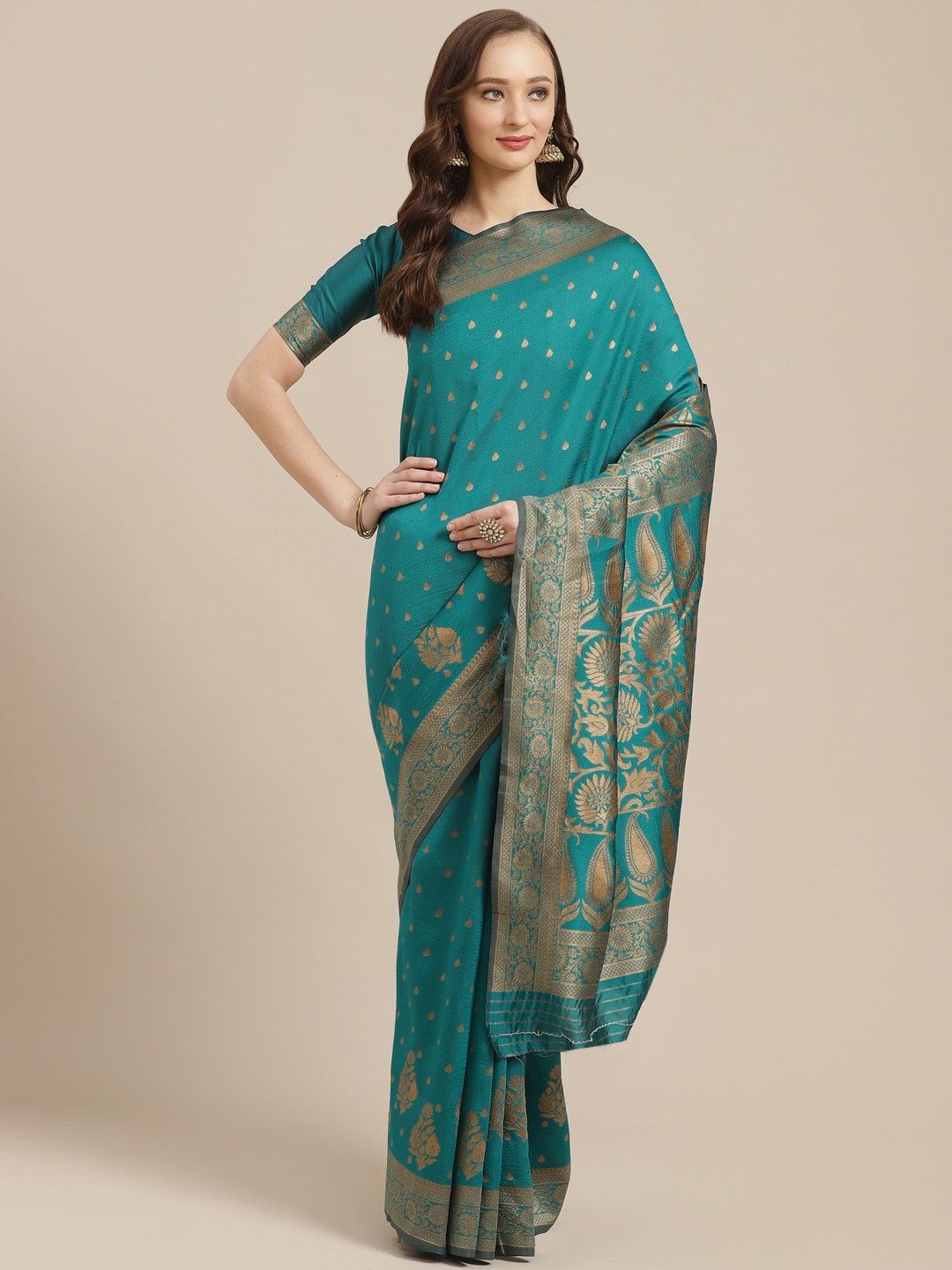 

Saree mall Teal Blue & Golden Woven Design Banarasi Saree