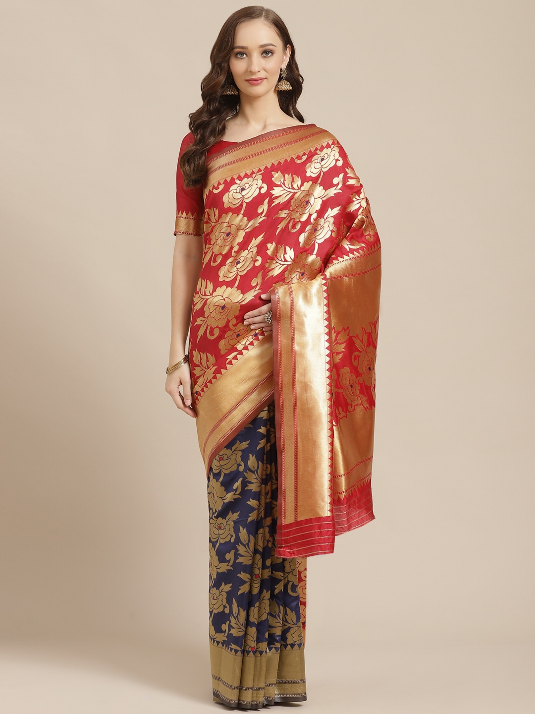 

Saree mall Red & Navy Blue Floral Woven Design Half & Half Banarasi Saree