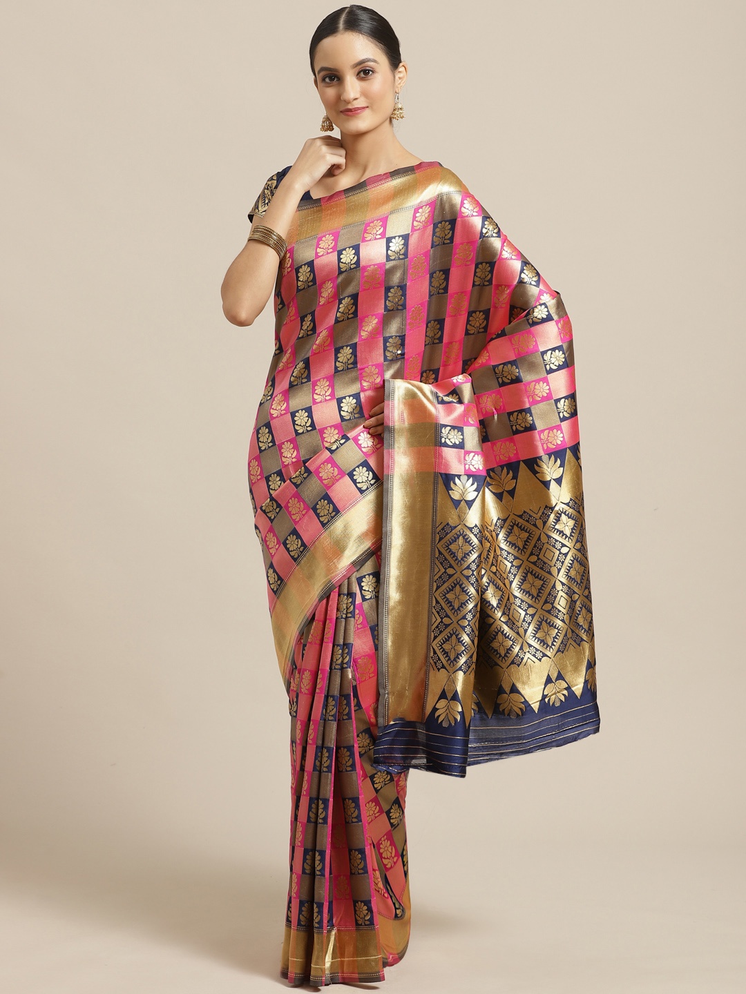 

Saree mall Navy Blue & Pink Checked Banarasi Saree