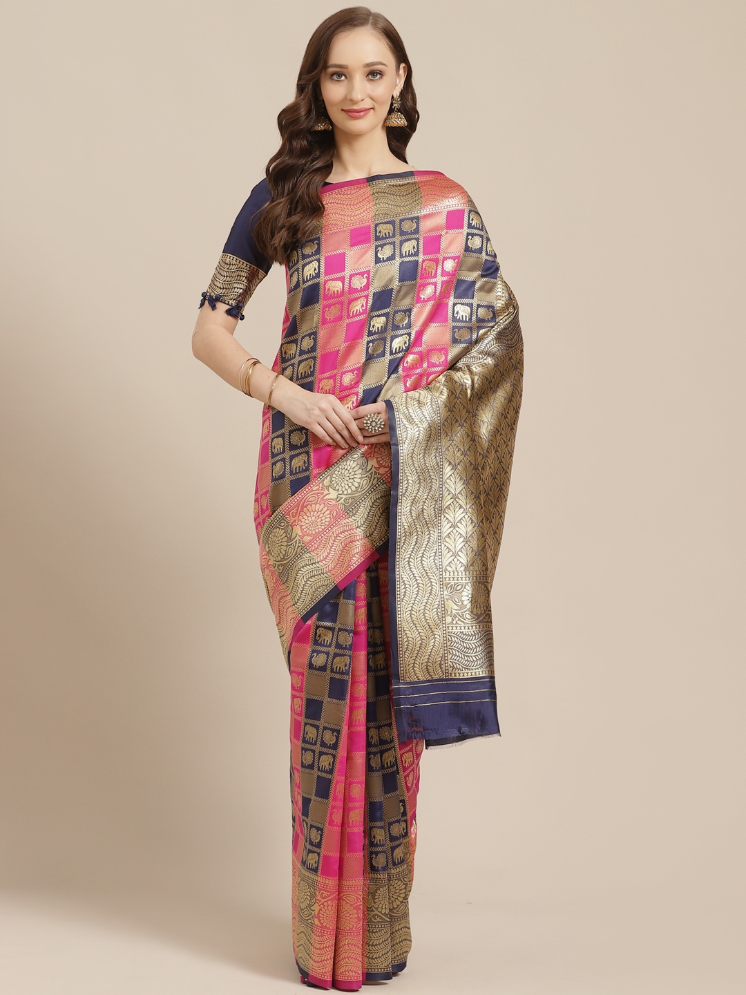 

Saree mall Pink & Navy Blue Ethnic Woven Design Banarasi Saree