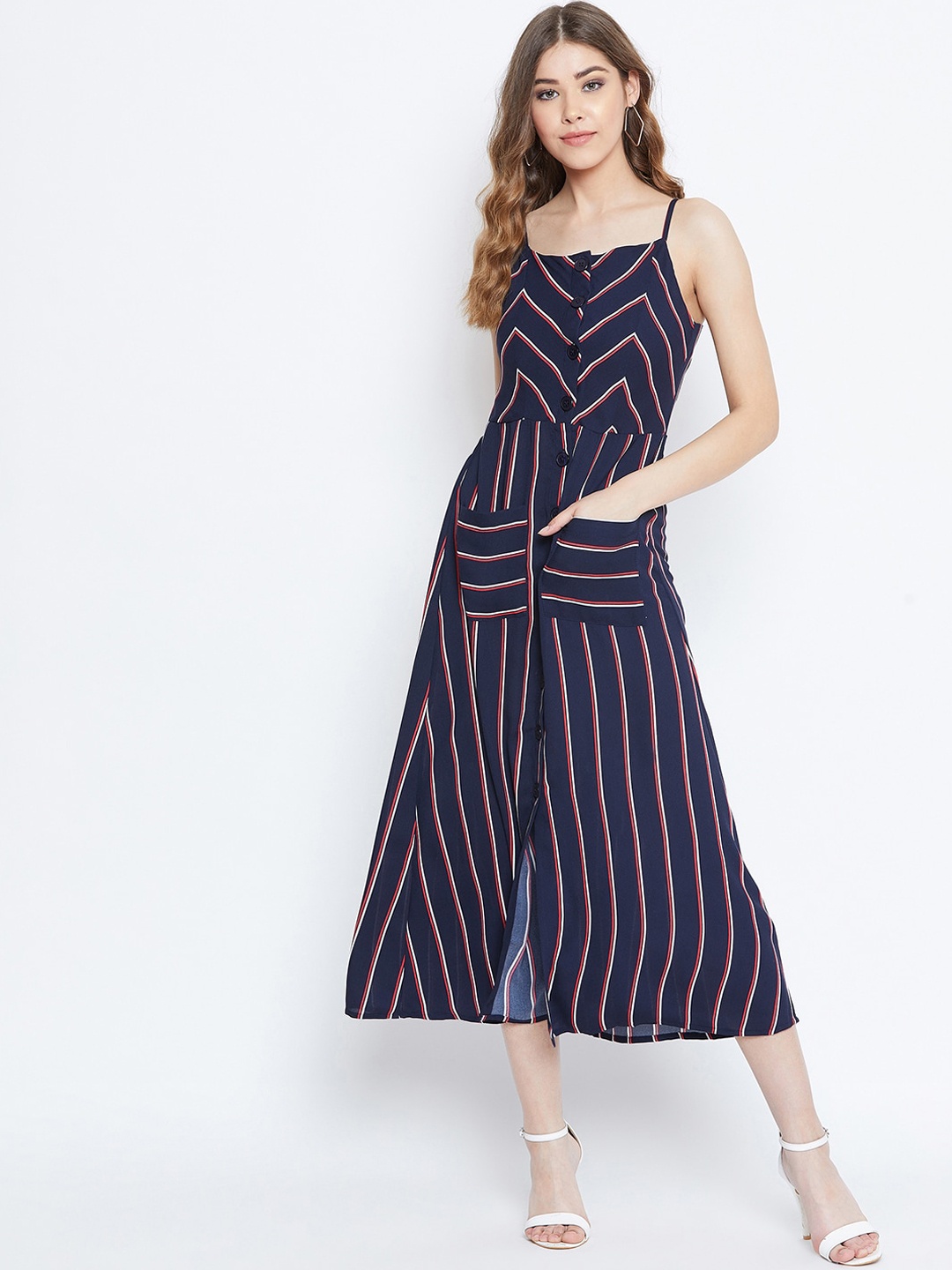 

Berrylush Women Navy Blue & Red Striped Fit and Flare Dress