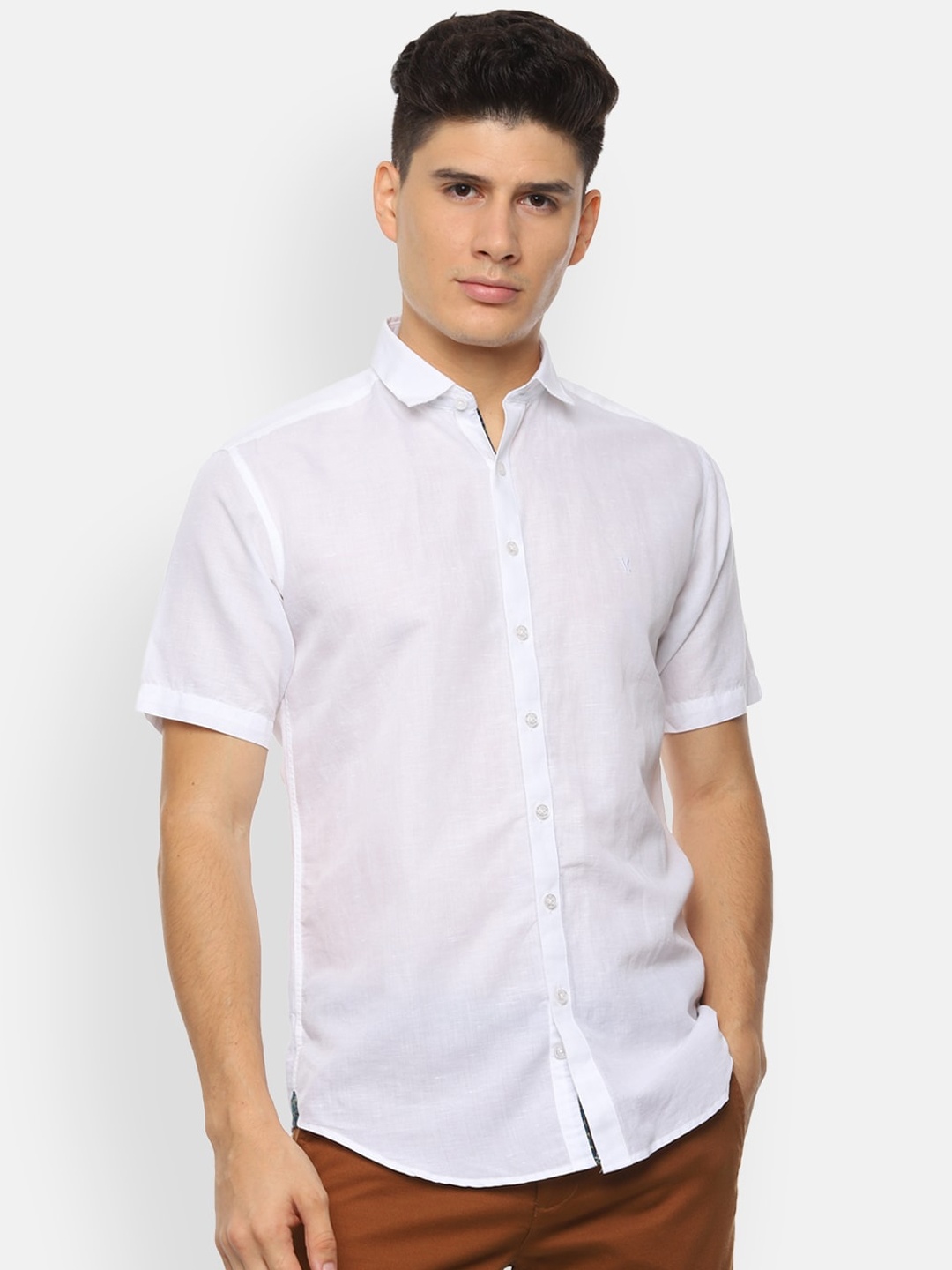 

V Dot Men White Slim Fit Solid Linen Casual Shirt
