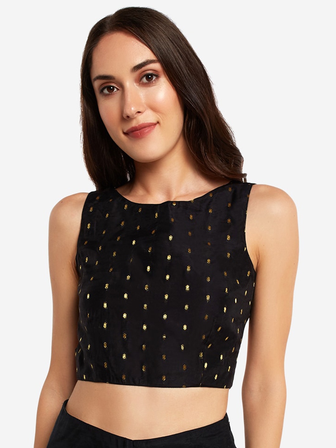 

Desi Weavess Women Black Contemporary Gold Zari Buttie Saree Blouse