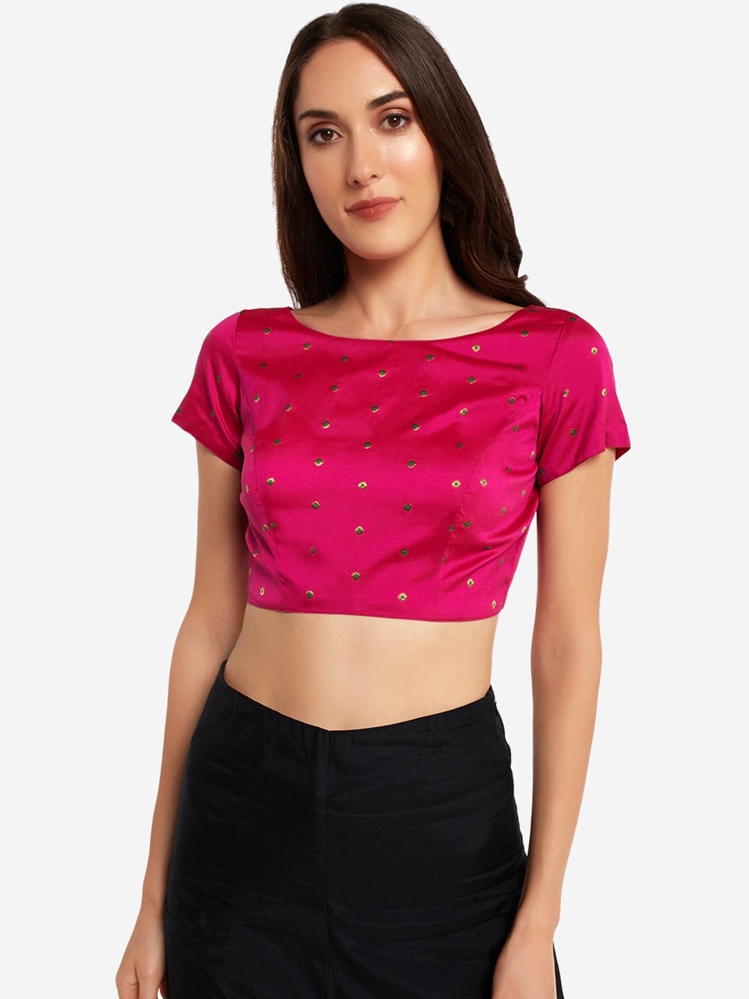 

Desi Weavess Women Fuchsia Pink Contemporary Woven Zari Buttie Saree Blouse