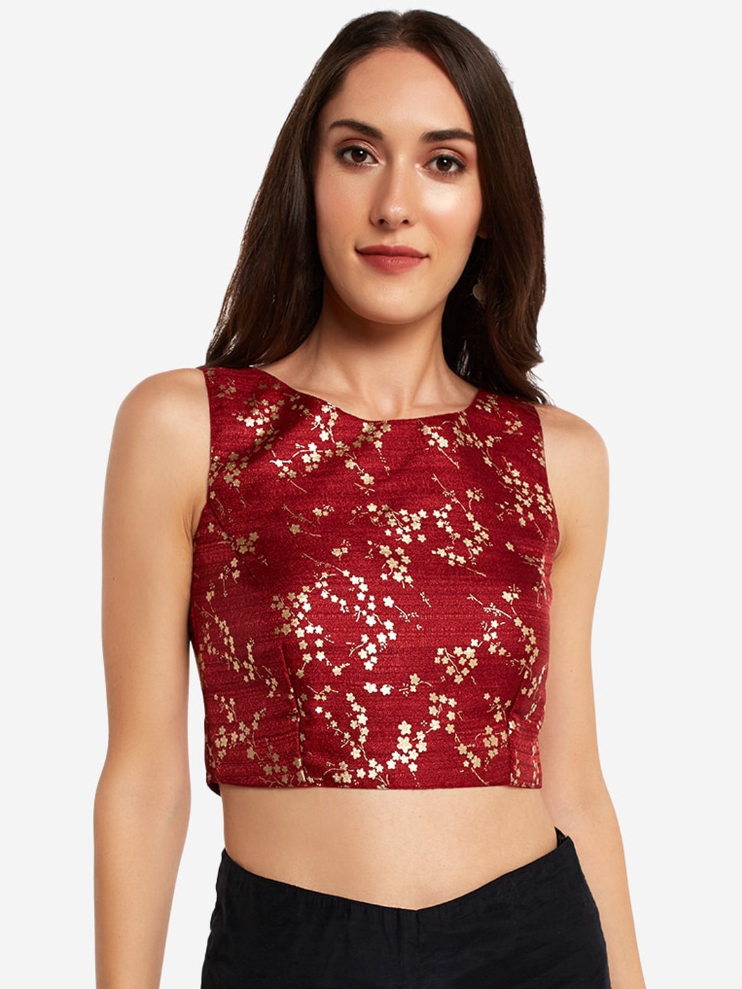 

Desi Weavess Women Maroon & Gold-Coloured Foil Printed Contemporary Saree Blouse