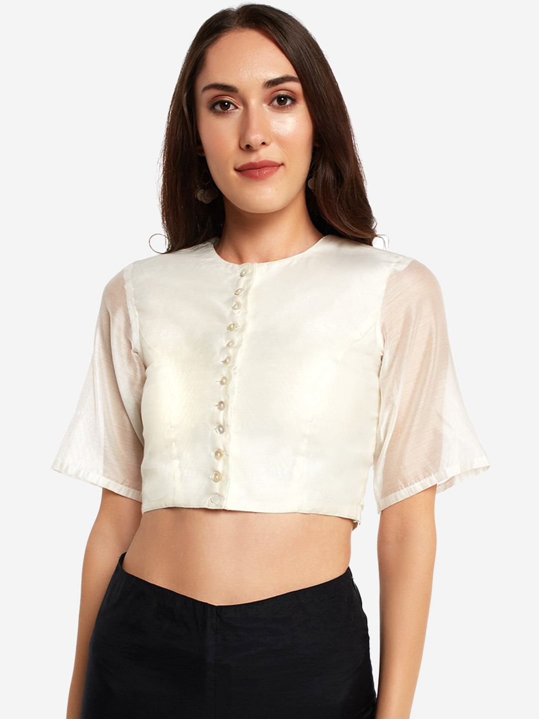 

Desi Weavess Women Off White Solid Chanderi Saree Blouse