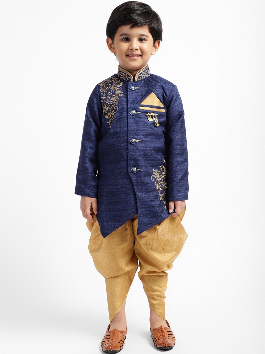 

ahhaaaa Baby Boys Navy Blue & Gold-Coloured Sherwani Set