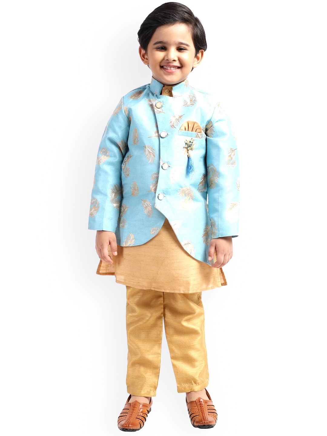 

ahhaaaa Baby Boys Blue & Gold-Coloured Sherwani Set