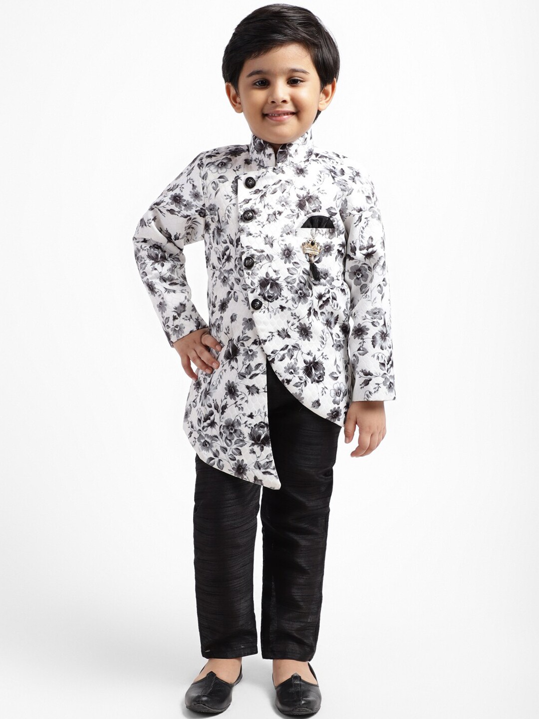 

ahhaaaa Baby Boys Black & White Floral Print Sherwani Set