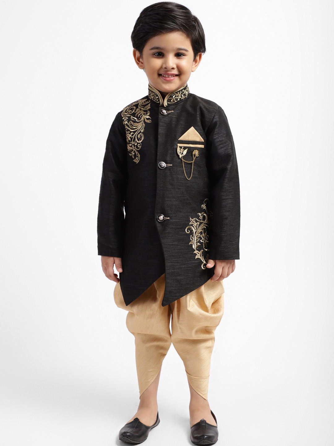 

ahhaaaa Baby Boys Black & Gold-Coloured Sherwani Set