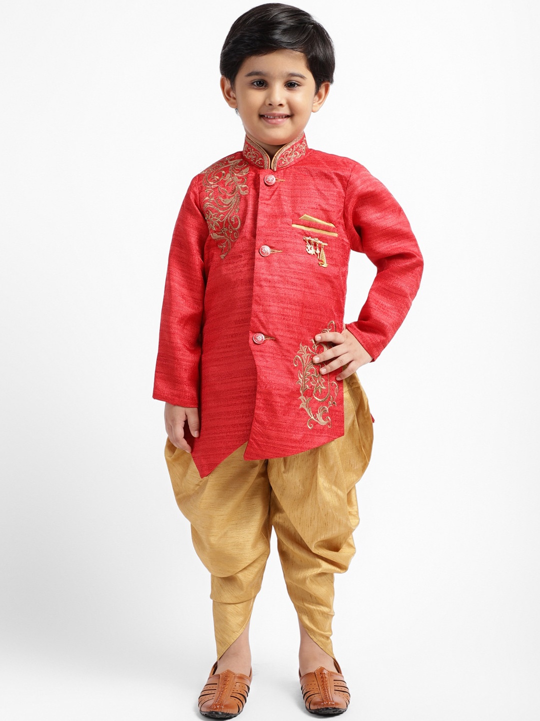 

ahhaaaa Baby Boys Red & Gold-Coloured Sherwani Set