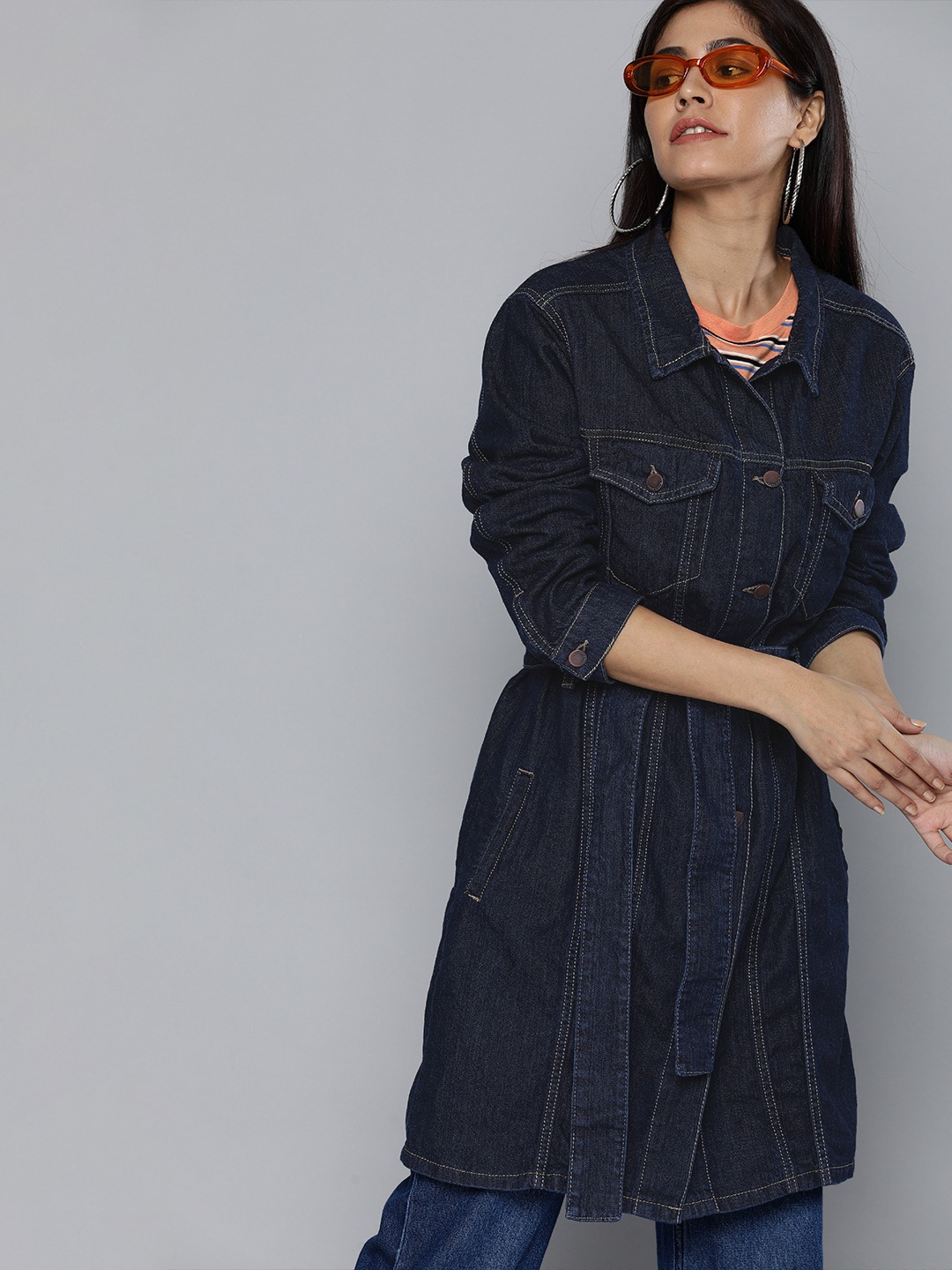 

HERE&NOW Women Navy Blue Solid Longline Trucker Denim Jacket