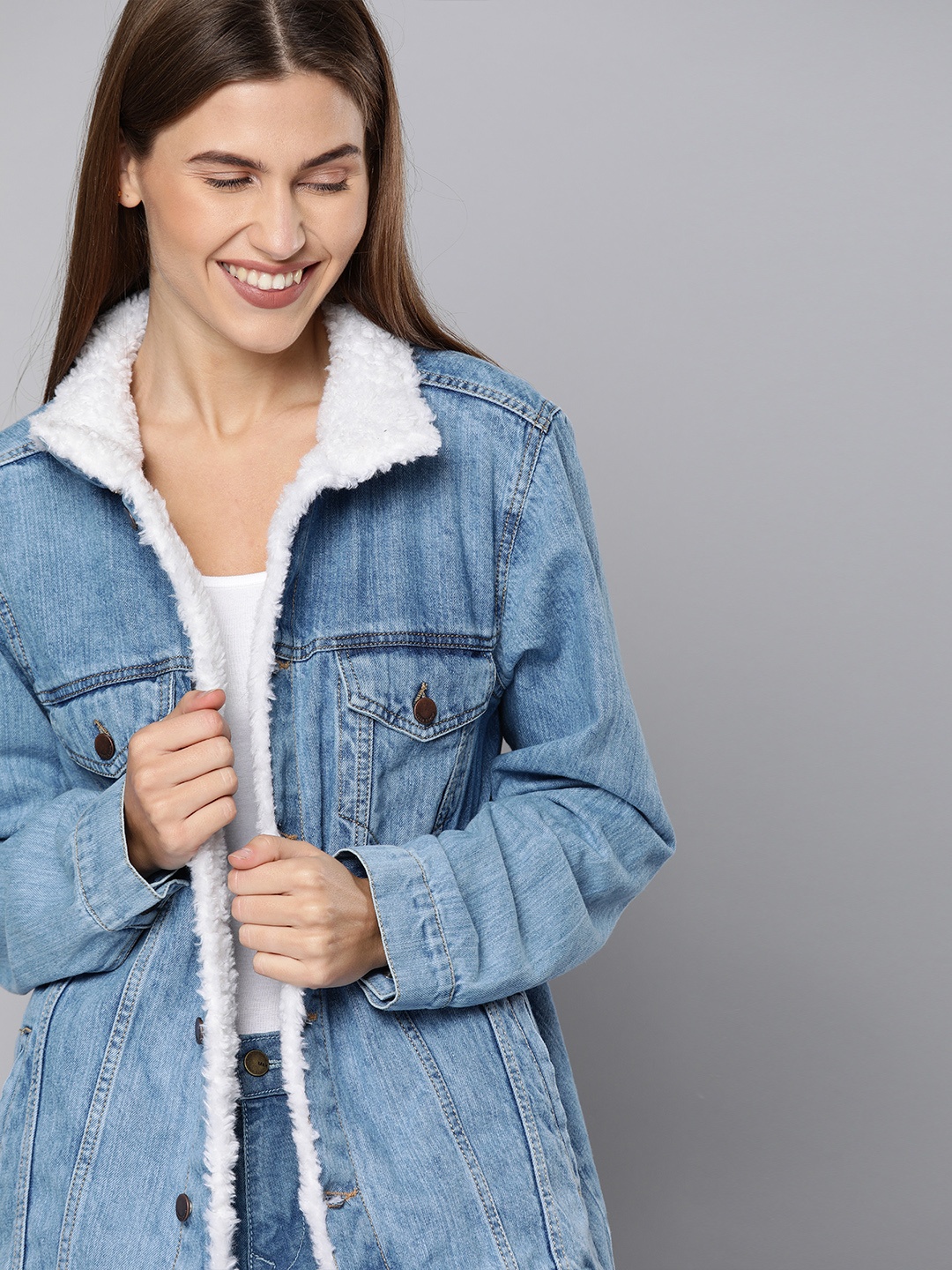 

HERE&NOW Women Blue Solid Boyfriend Trucker Denim Jacket