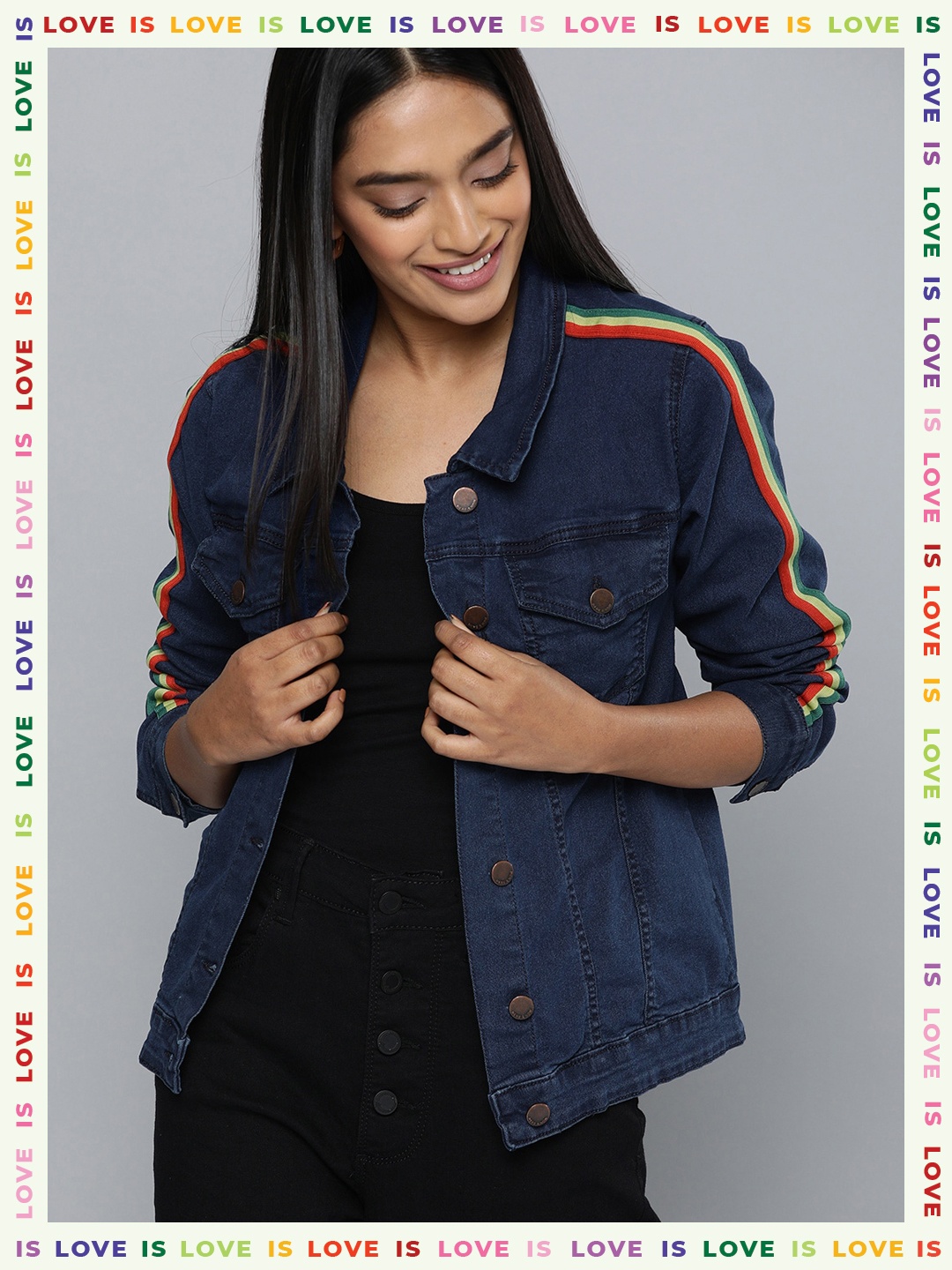 

HERE&NOW Women Blue Solid Denim Jacket With Striped Detailing