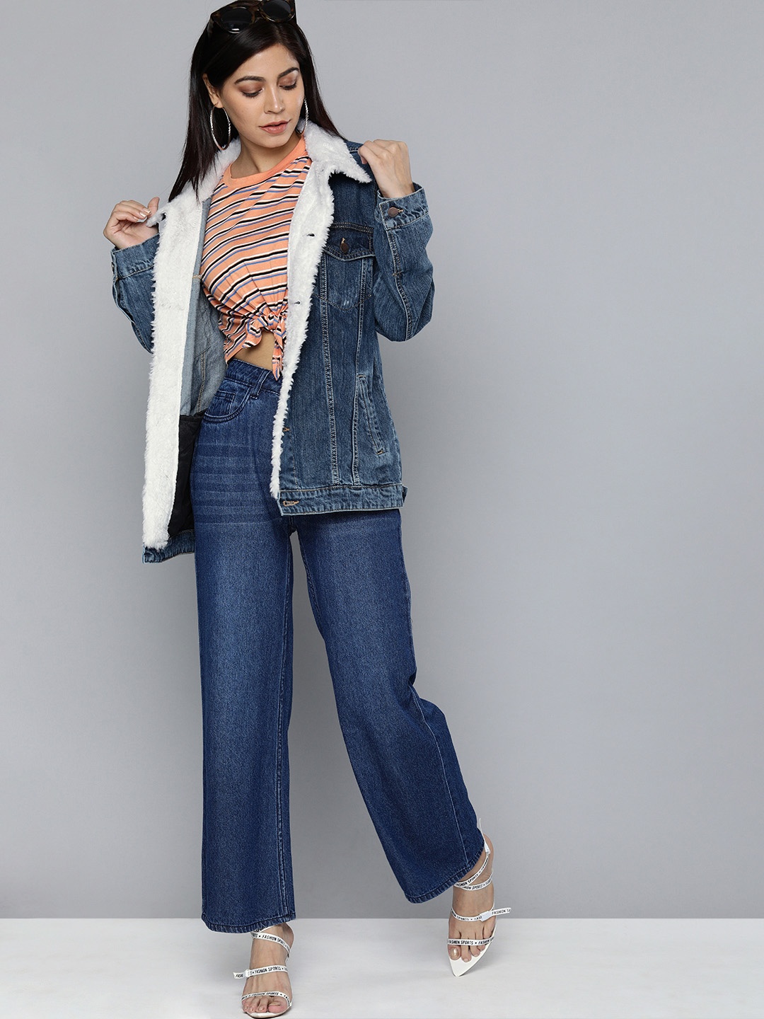 

HERE&NOW Women Navy Blue Solid Boyfriend Trucker Denim Jacket