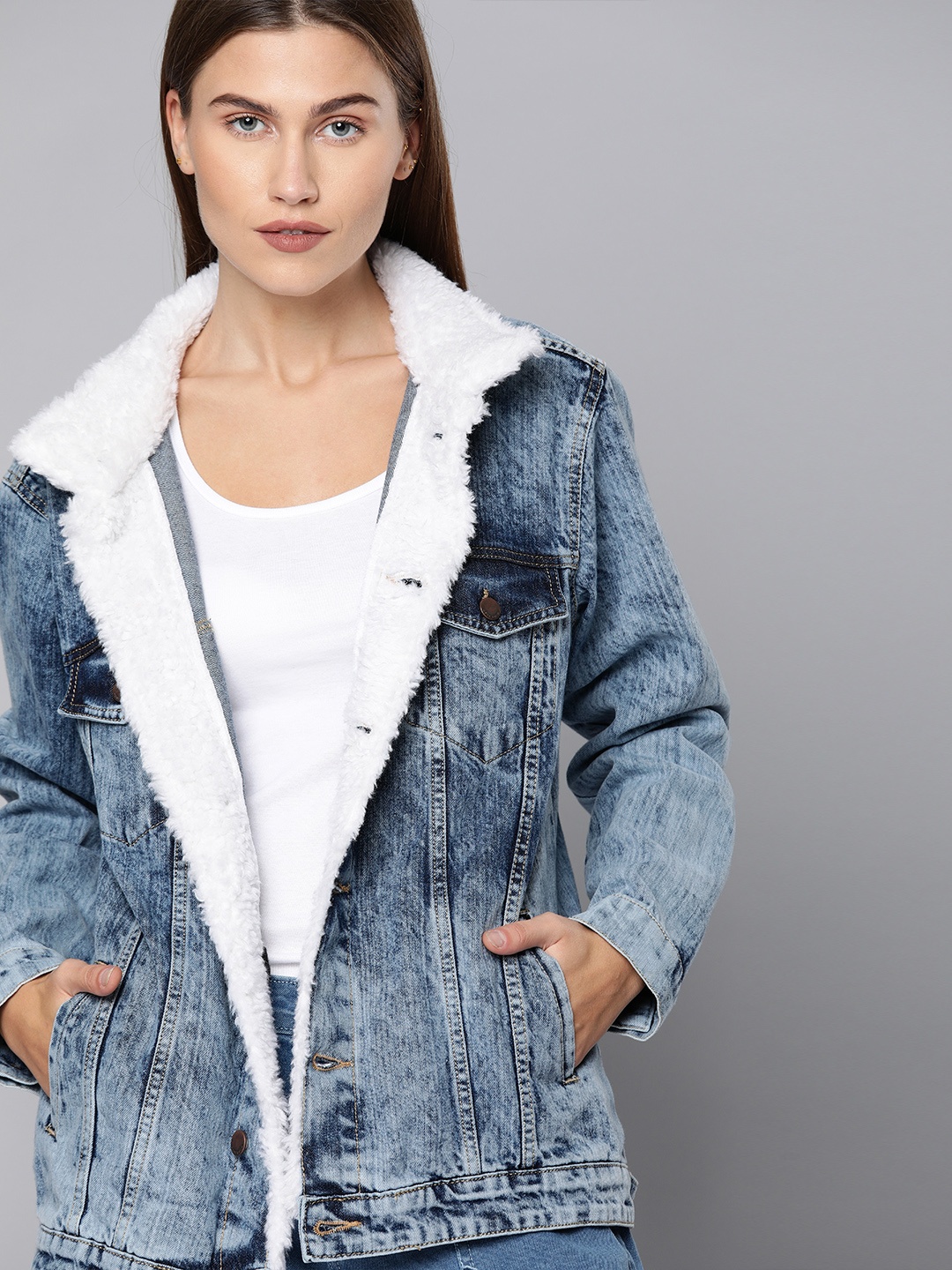 

HERE&NOW Women Blue Solid Boyfriend Trucker Denim Jacket