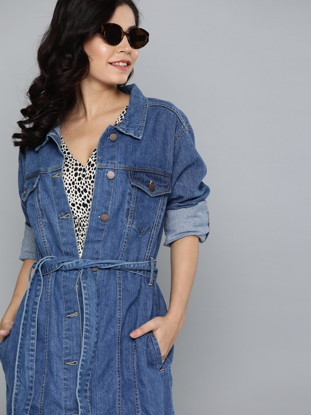 

HERE&NOW Women Blue Solid Denim Longline Jacket