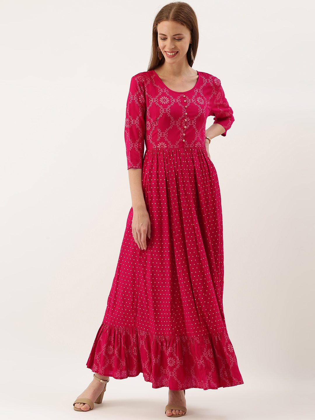 

Varanga Women Pink & Gold-Toned Foil Printed Anarkali Kurta