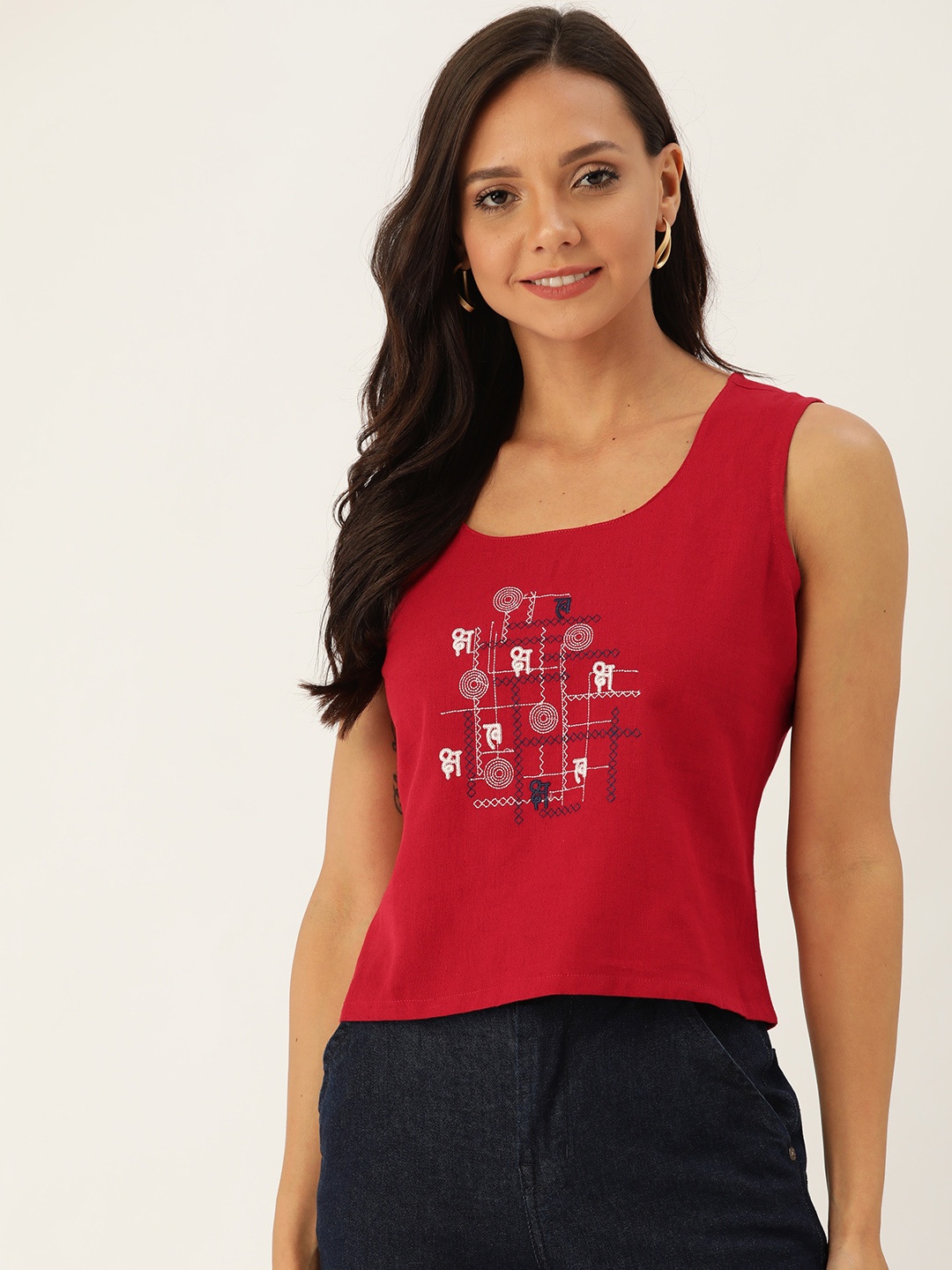 

Varanga Women Red Embroidered Crop Top