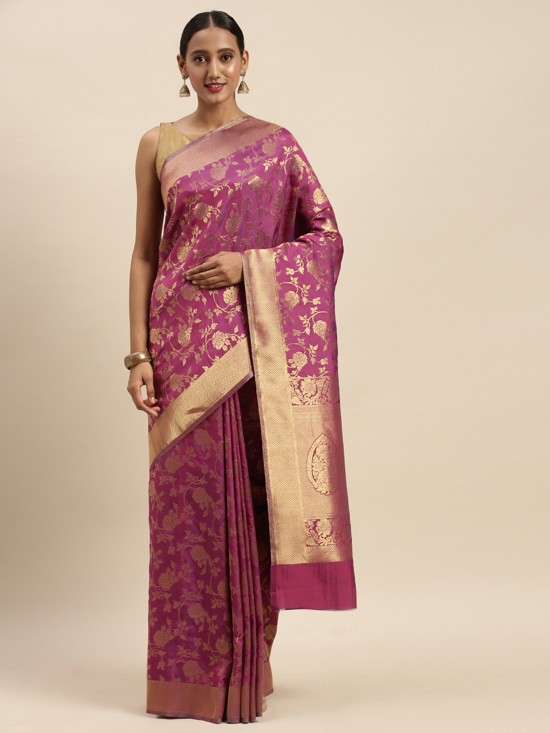 

Mitera Purple & Gold-Toned Silk Blend Woven Design Kanjeevaram Saree