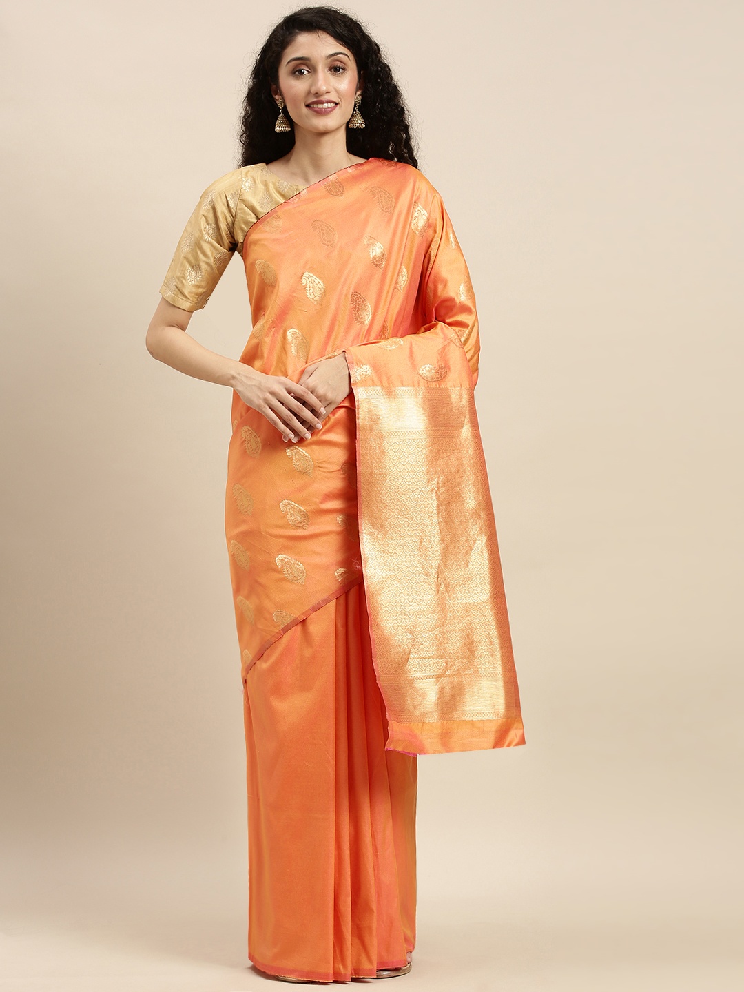 

Mitera Peach-Coloured & Gold-Toned Silk Blend Woven Design Kanjeevaram Saree