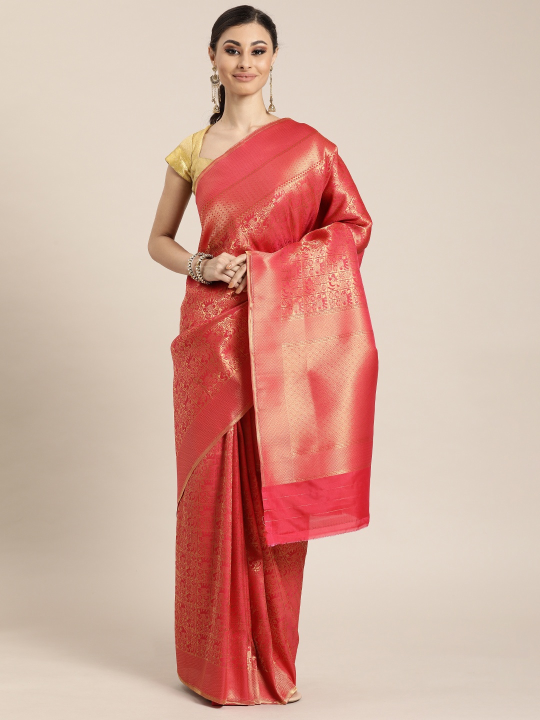 

Mitera Pink & Gold-Toned Silk Blend Woven Design Kanjeevaram Saree