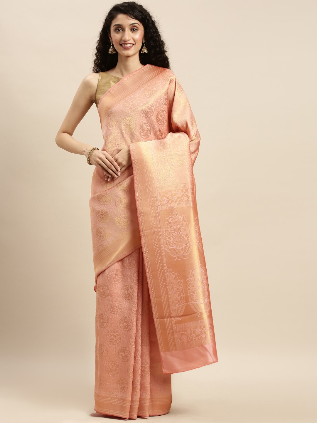 

Mitera Peach-Coloured & Gold-Toned Silk Blend Woven Design Kanjeevaram Saree