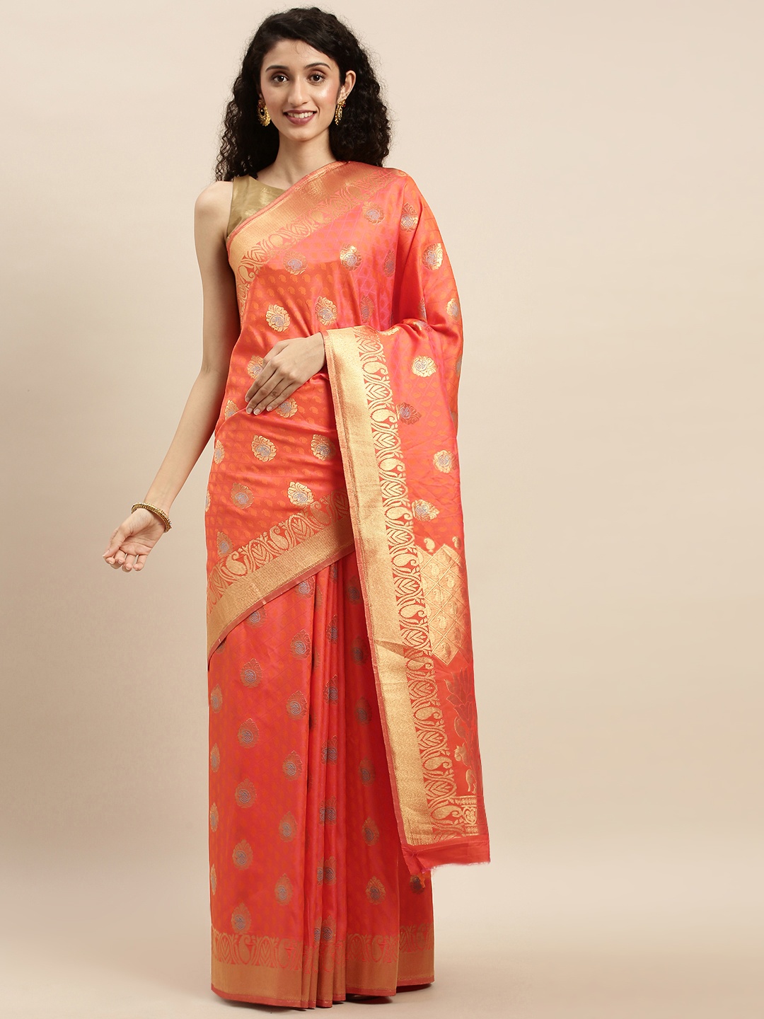 

Mitera Orange & Gold-Toned Silk Blend Woven Design Kanjeevaram Saree