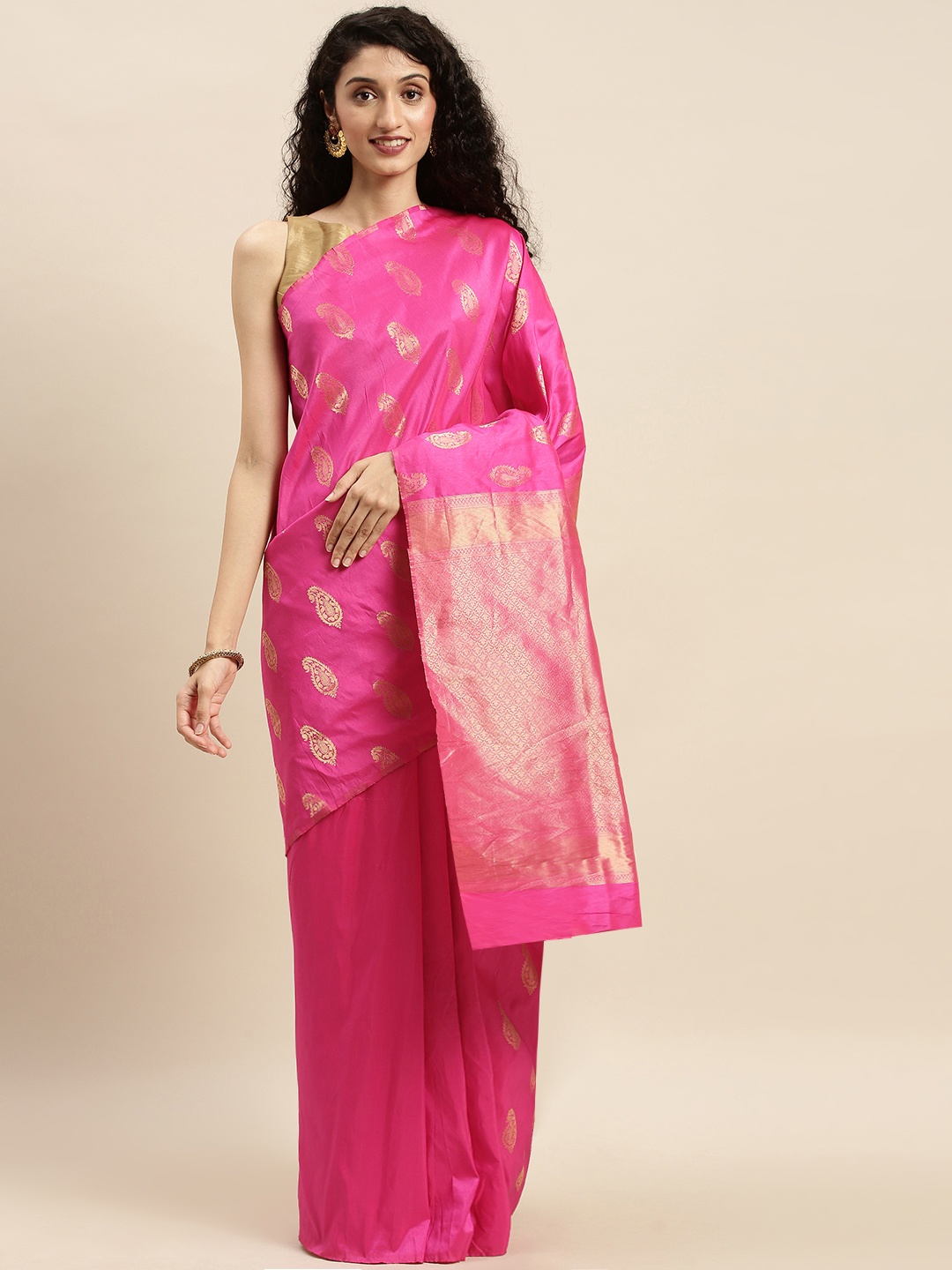 

Mitera Pink & Gold-Toned Silk Blend Woven Design Kanjeevaram Saree