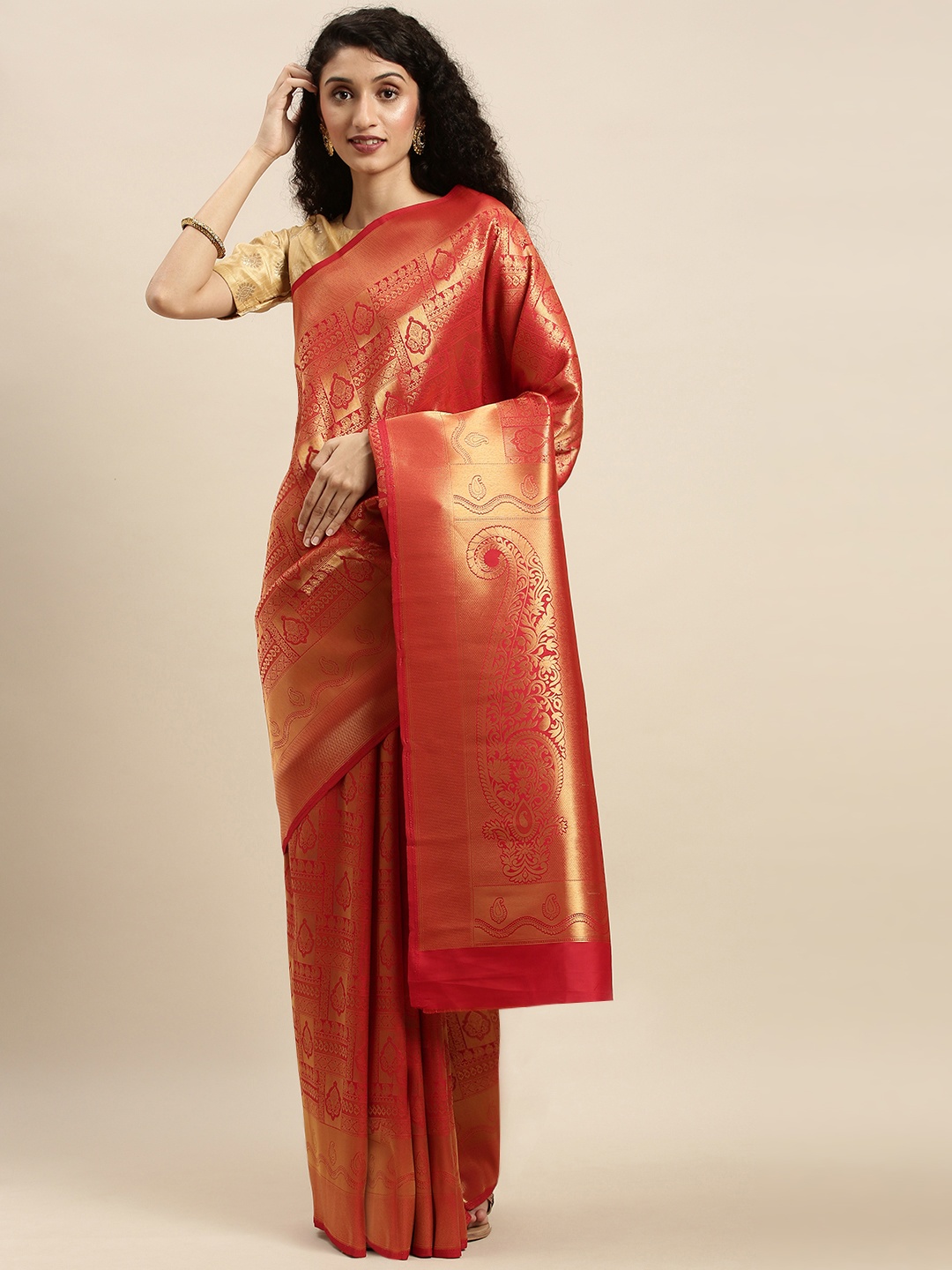 

Mitera Red & Gold-Toned Silk Blend Woven Design Kanjeevaram Saree