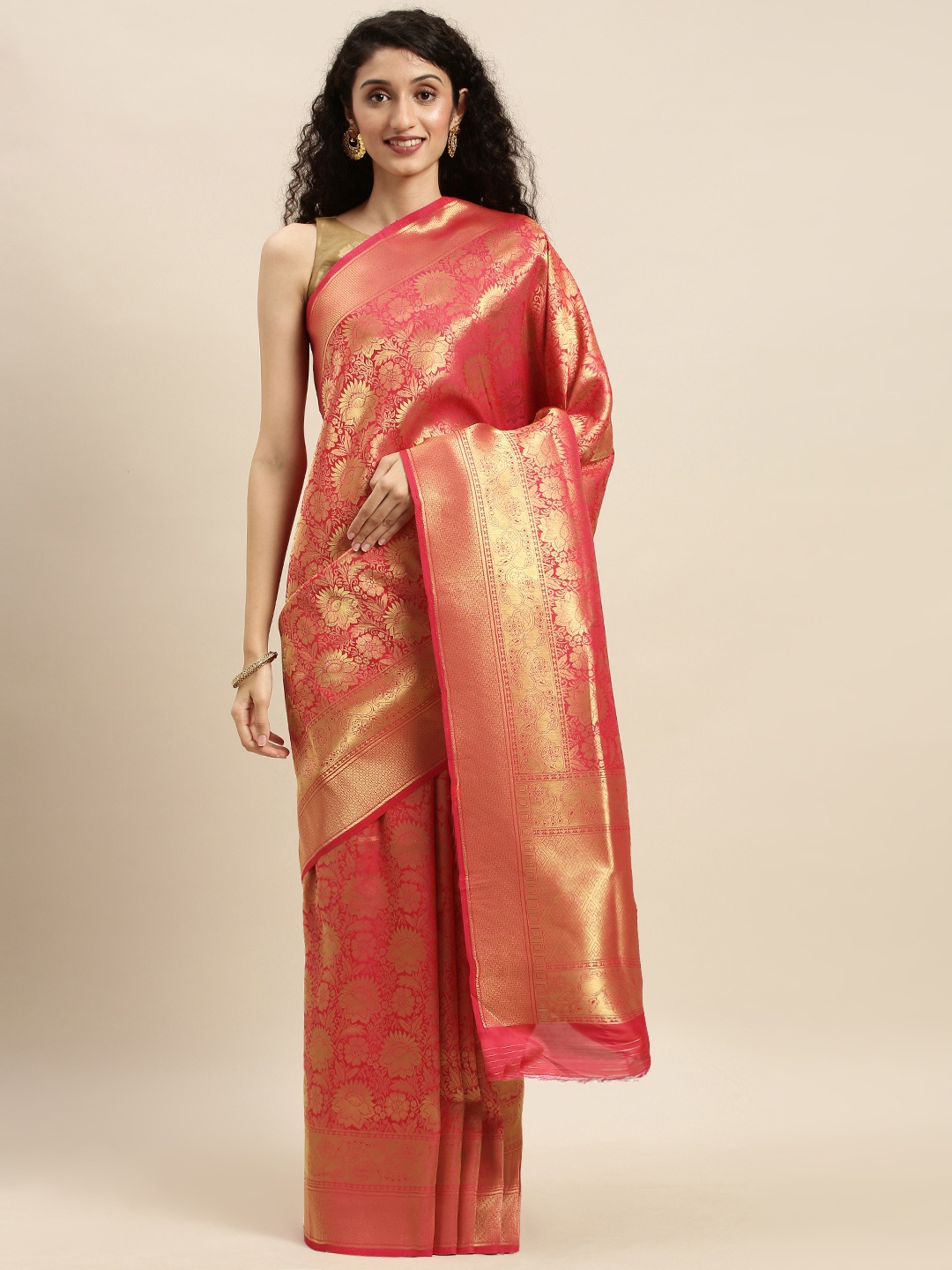 

Mitera Pink & Gold-Toned Silk Blend Woven Design Kanjeevaram Saree