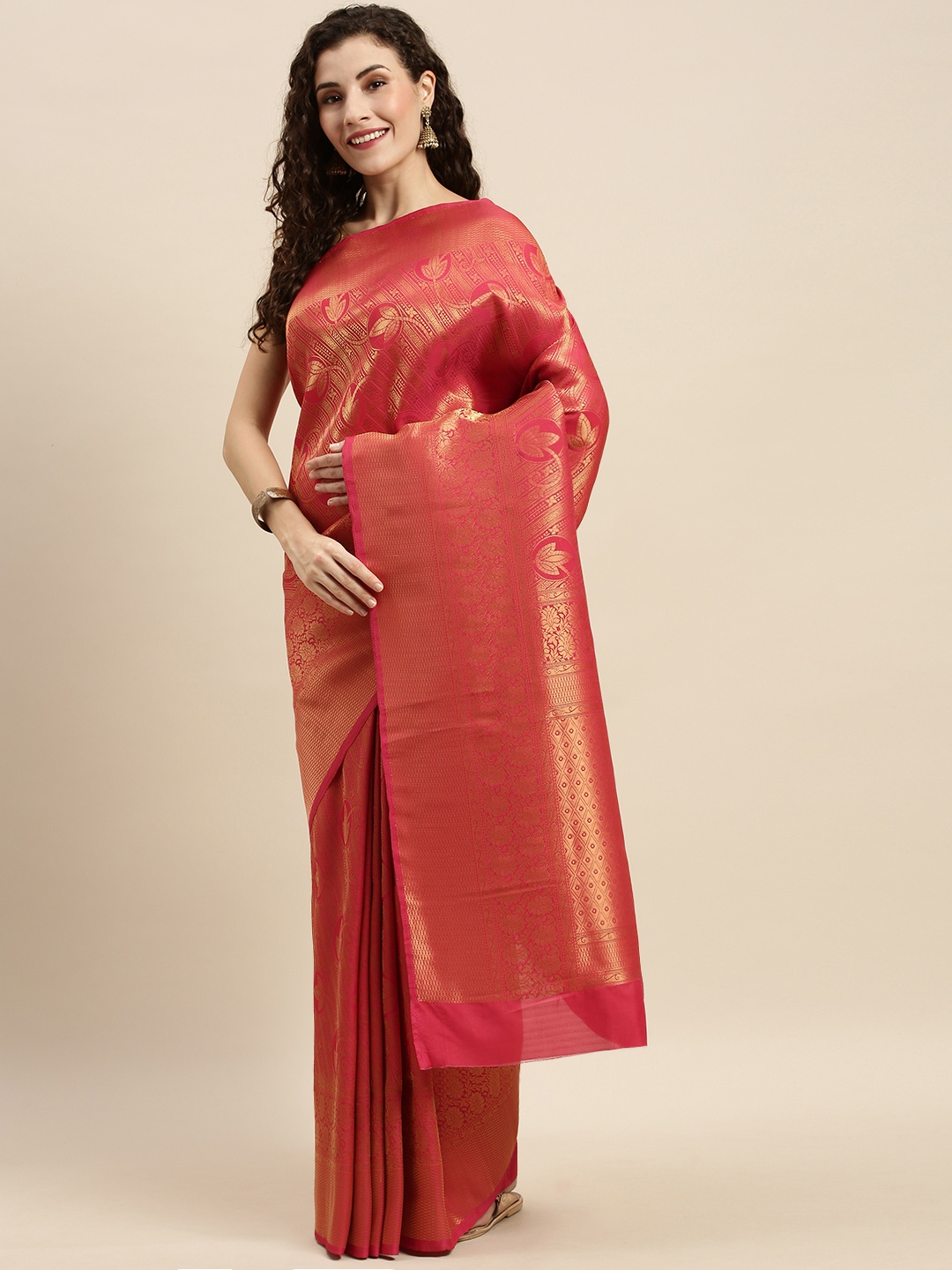 

Mitera Pink & Gold-Toned Silk Blend Woven Design Kanjeevaram Saree