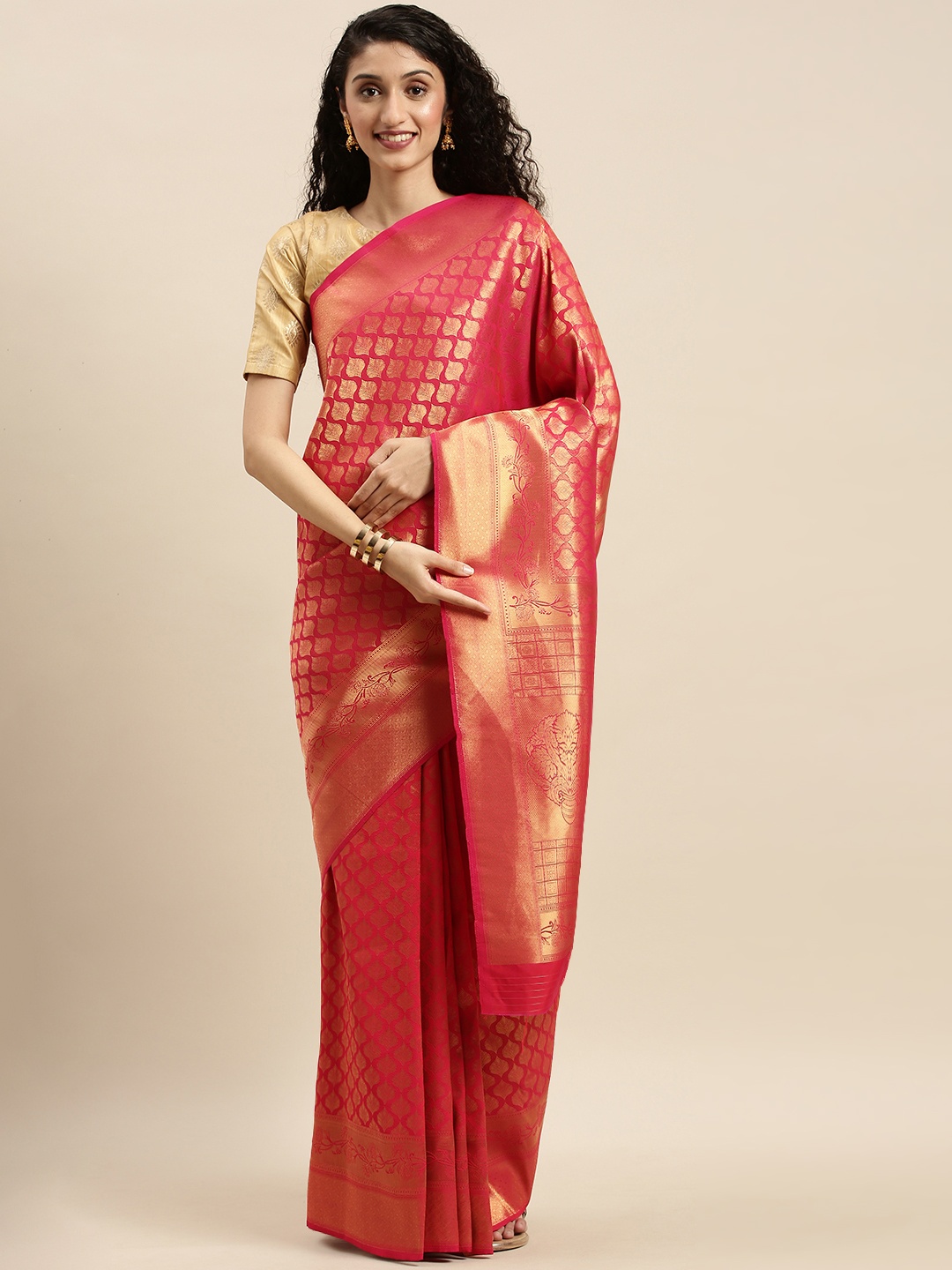 

Mitera Pink & Gold-Toned Silk Blend Woven Design Kanjeevaram Saree