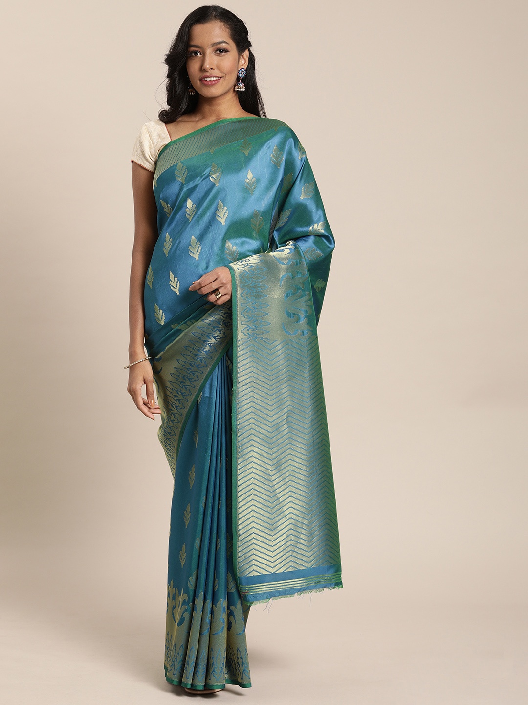 

Mitera Blue & Gold-Toned Silk Blend Woven Design Kanjeevaram Saree