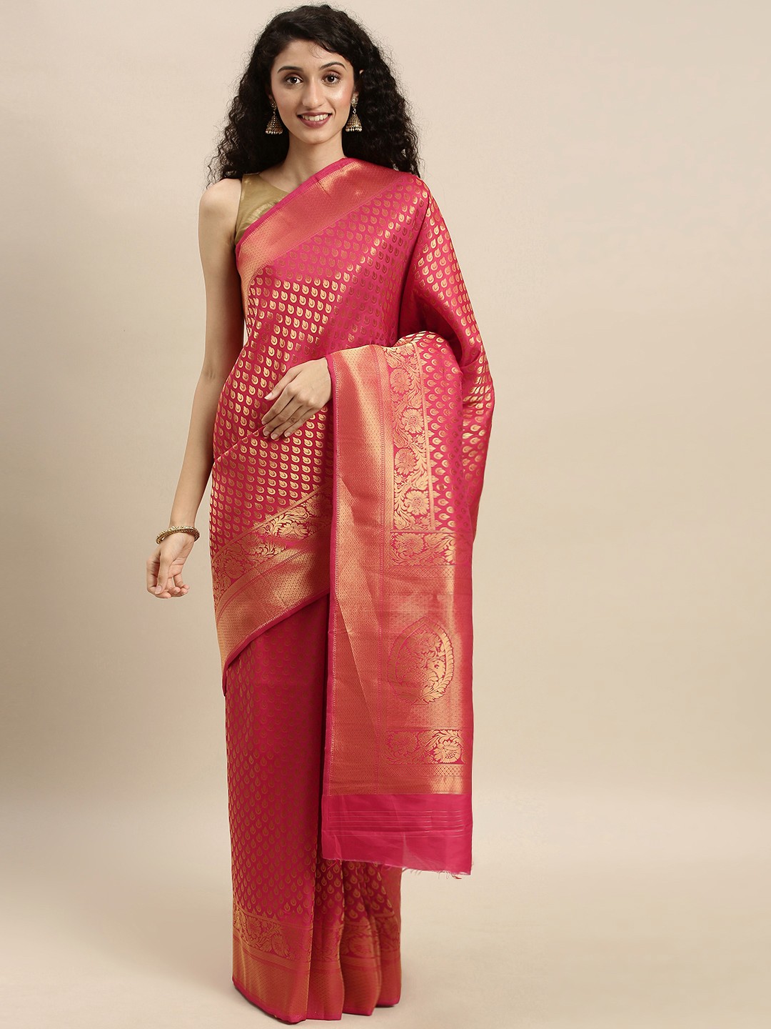 

Mitera Pink & Gold-Toned Silk Blend Woven Design Kanjeevaram Saree