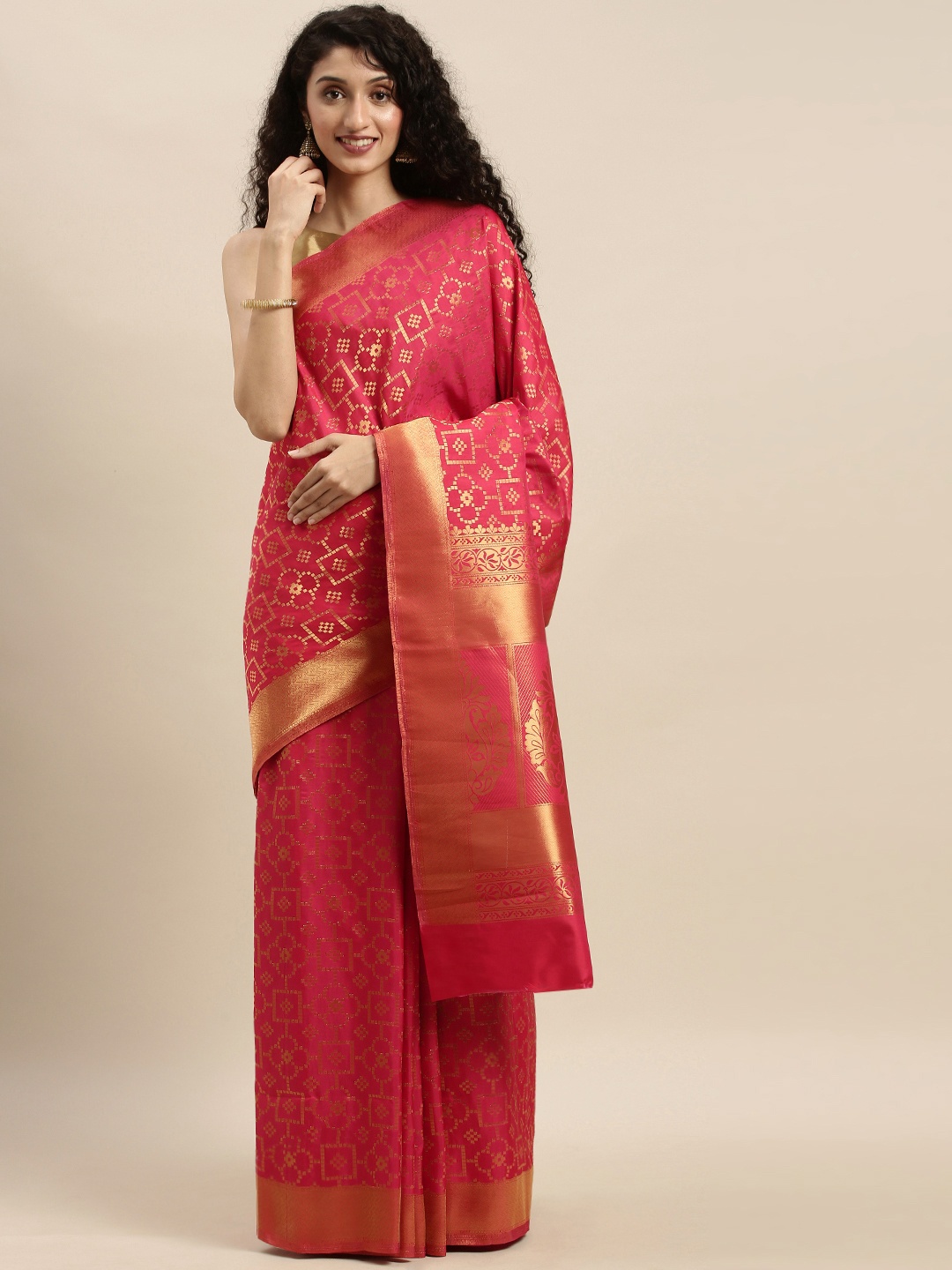 

Mitera Pink & Gold-Toned Silk Blend Woven Design Kanjeevaram Saree