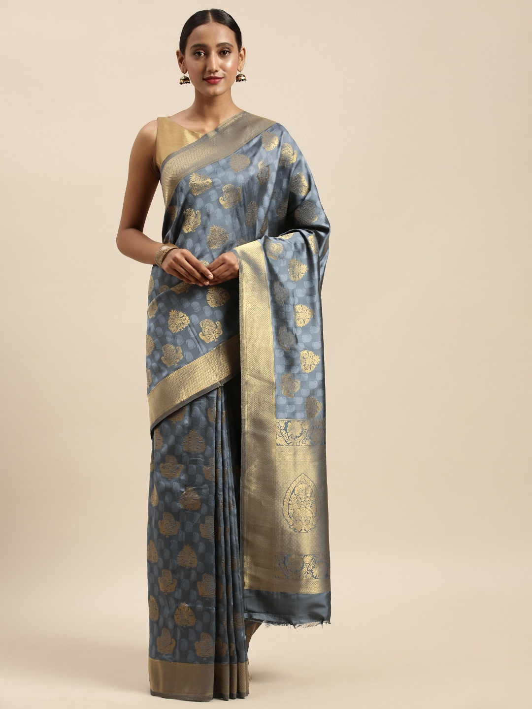 

Mitera Grey & Gold-Toned Silk Blend Woven Design Kanjeevaram Saree