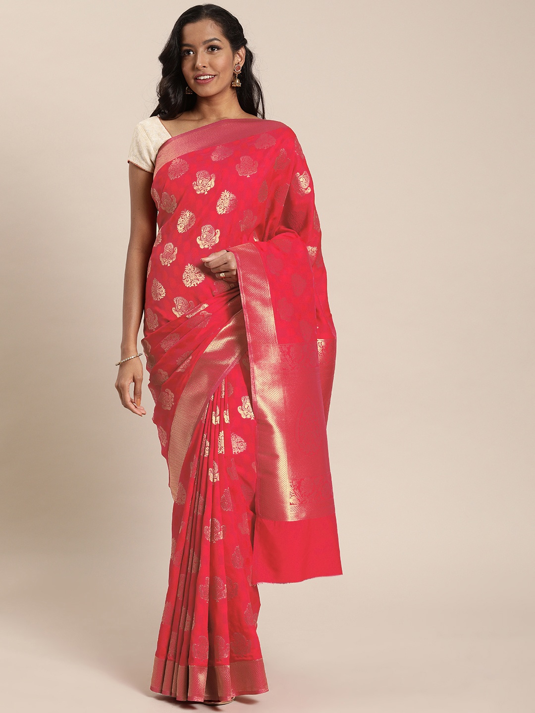 

Mitera Coral Pink & Gold-Toned Silk Blend Woven Design Kanjeevaram Saree