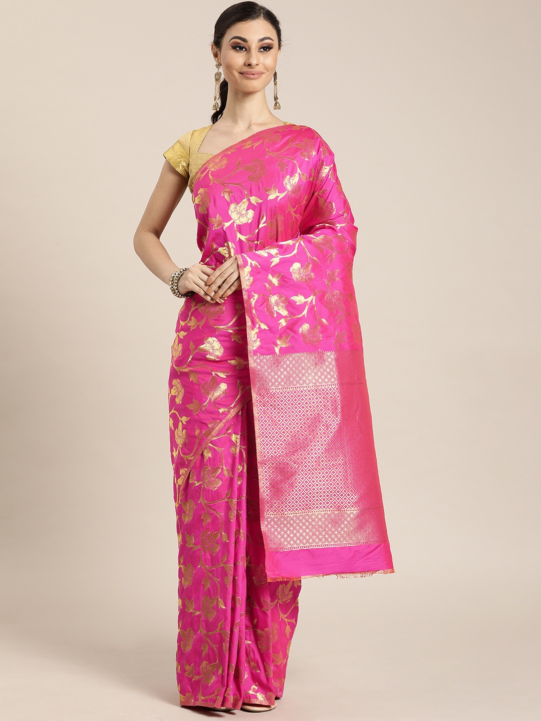 

Mitera Pink & Gold-Toned Silk Blend Woven Design Kanjeevaram Saree