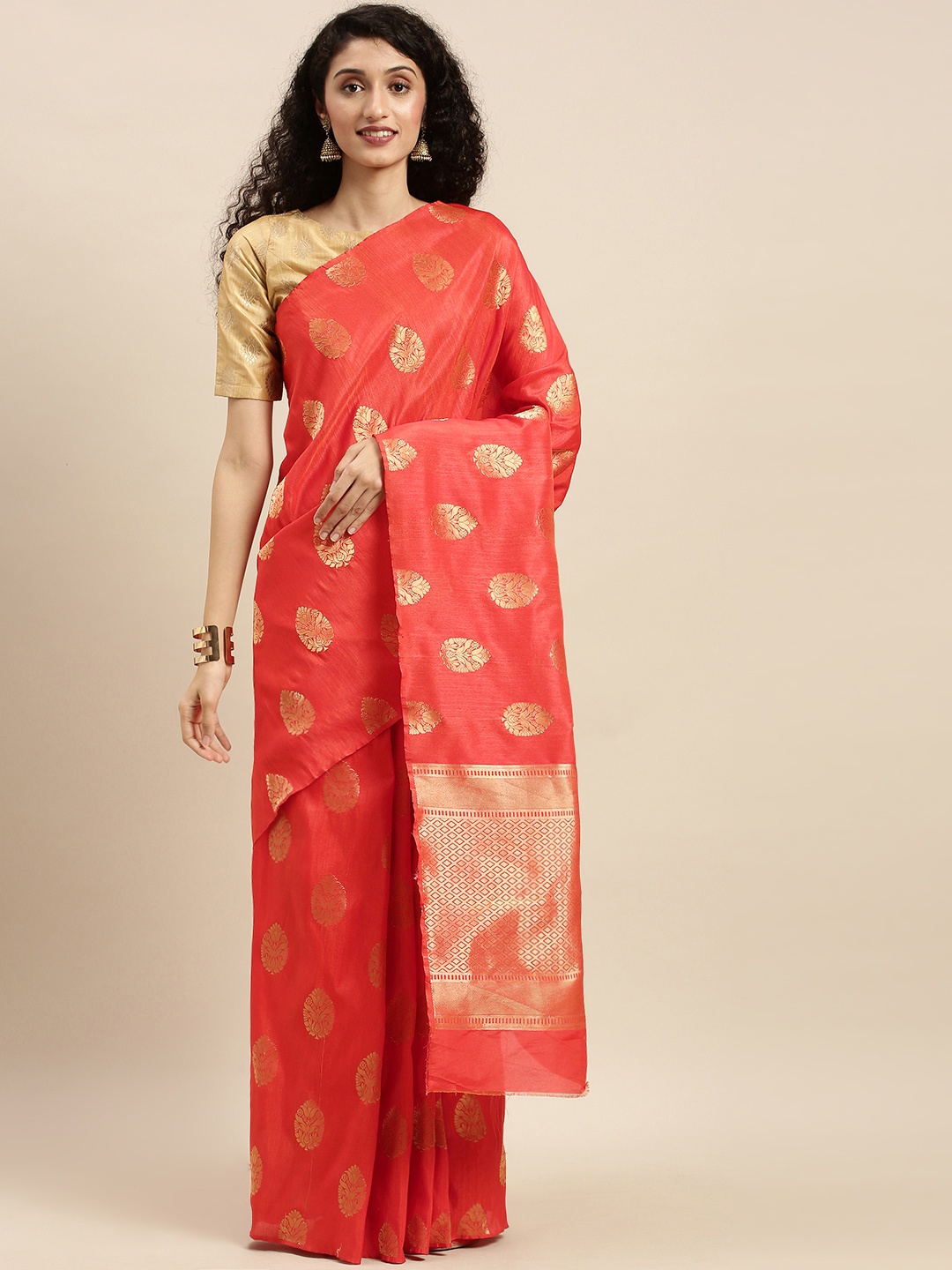

Mitera Orange & Gold-Toned Silk Blend Woven Design Kanjeevaram Saree