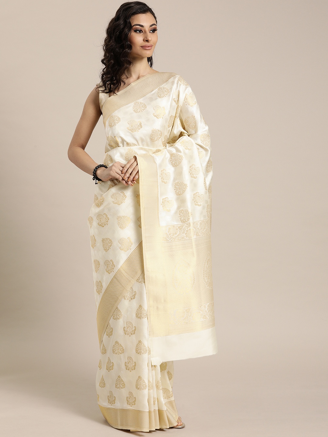 

Mitera White & Gold-Toned Woven Design Kanjeevaram Saree