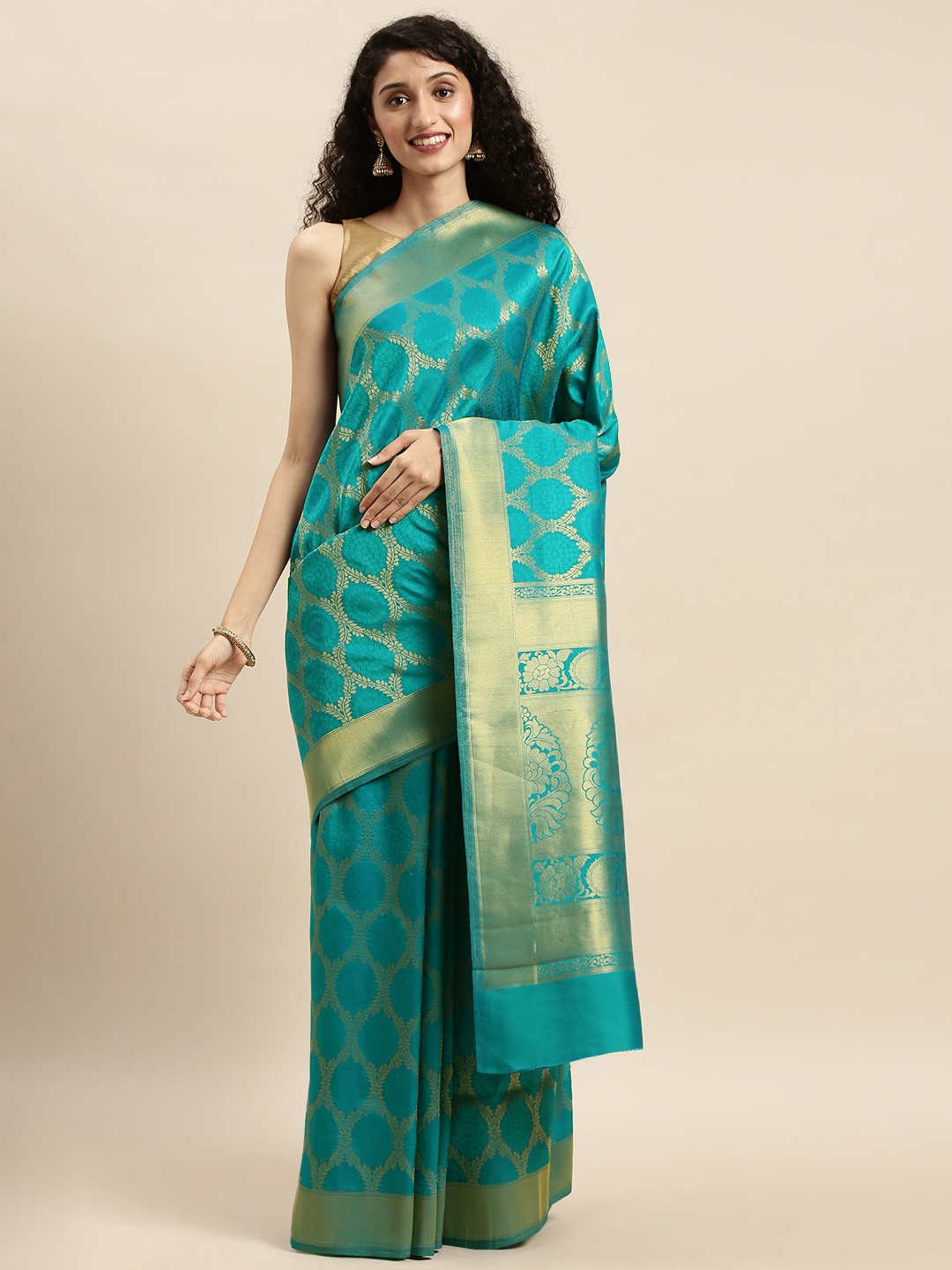 

Mitera Turquoise Blue & Gold-Toned Silk Blend Woven Design Kanjeevaram Saree
