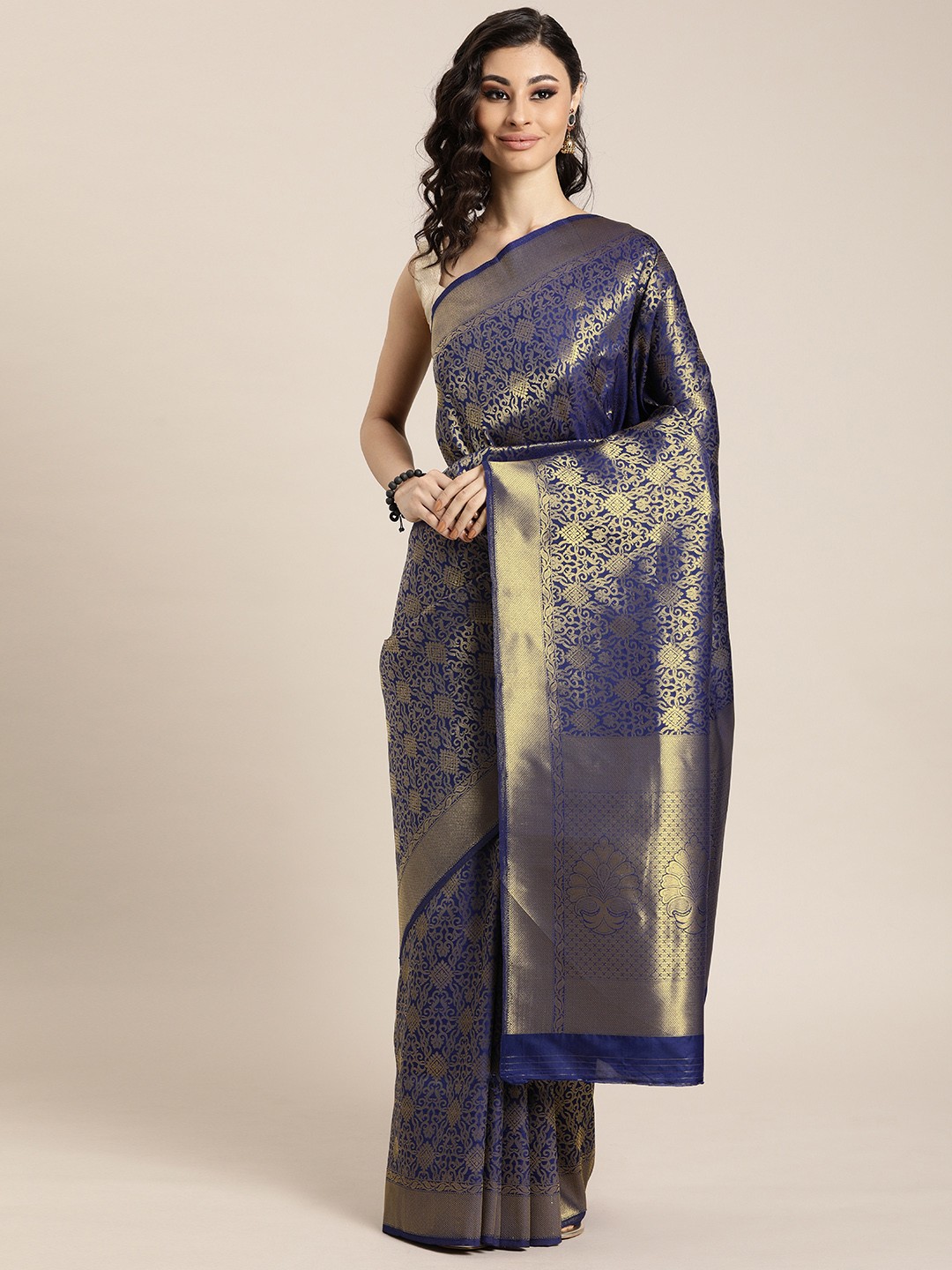 

Mitera Navy Blue & Gold-Toned Woven Design Kanjeevaram Saree