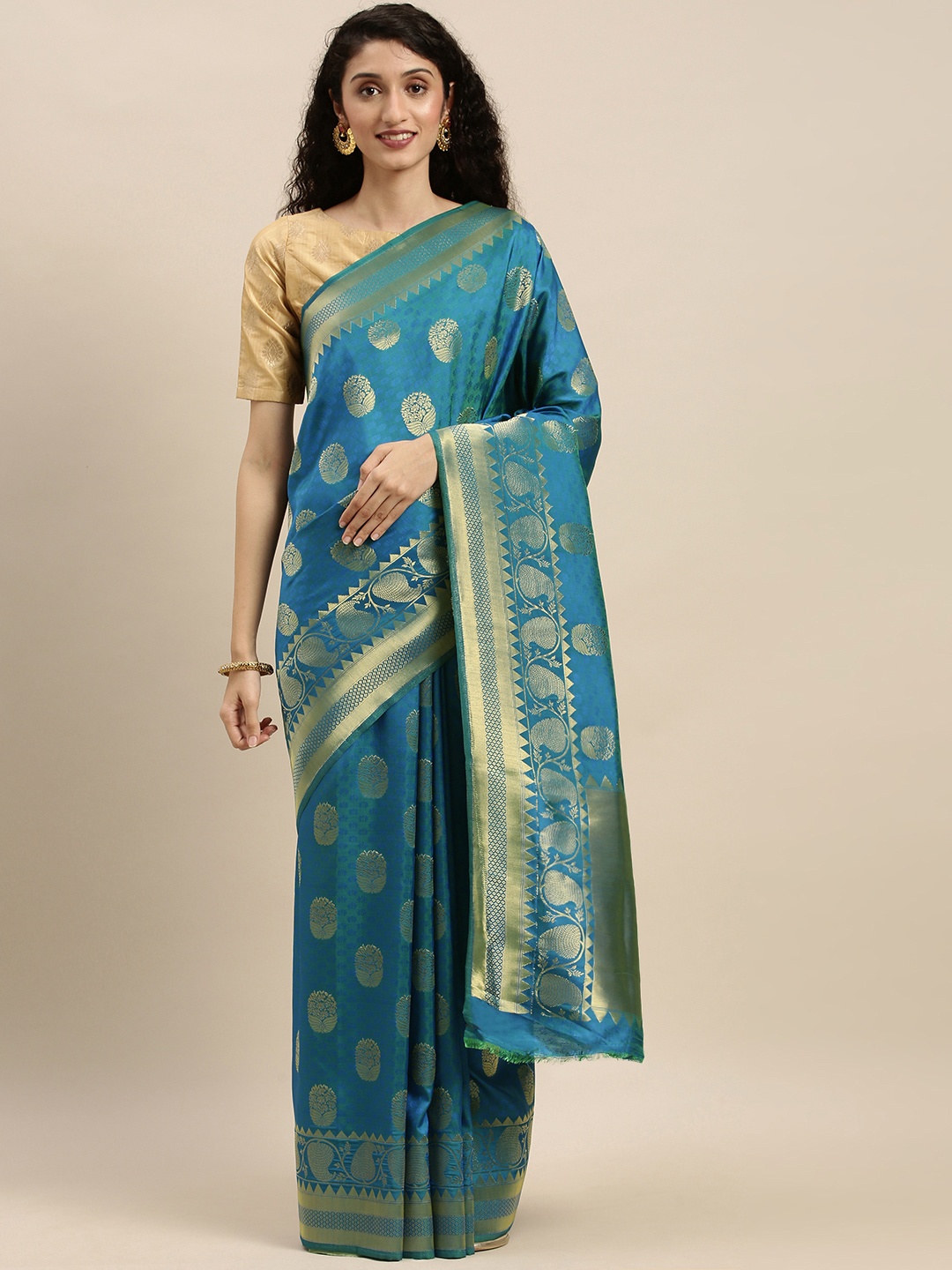 

Mitera Blue & Gold-Toned Silk Blend Woven Design Kanjeevaram Saree