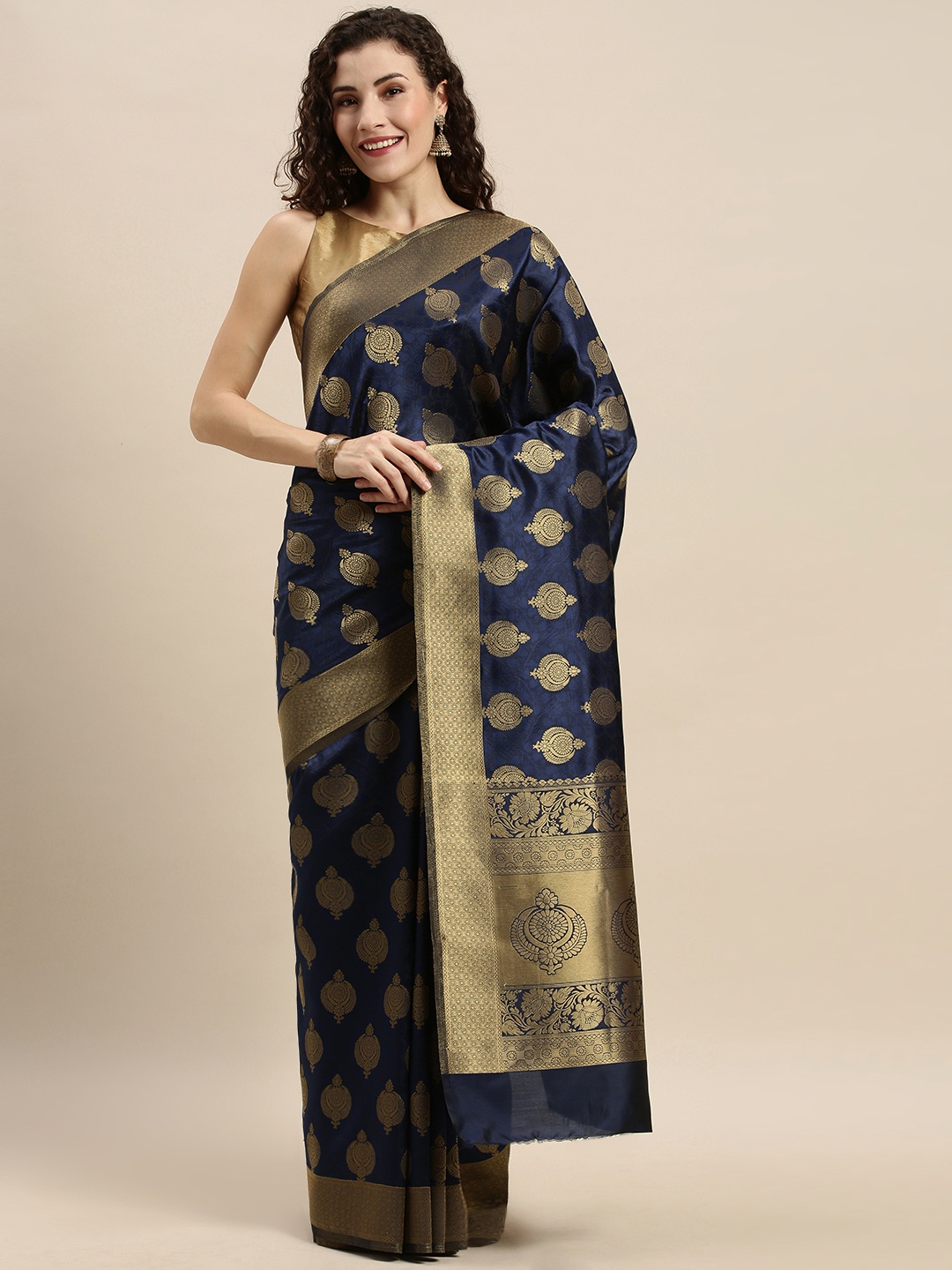 

Mitera Navy Blue & Gold-Coloured Silk Blend Woven Design Kanjeevaram Saree