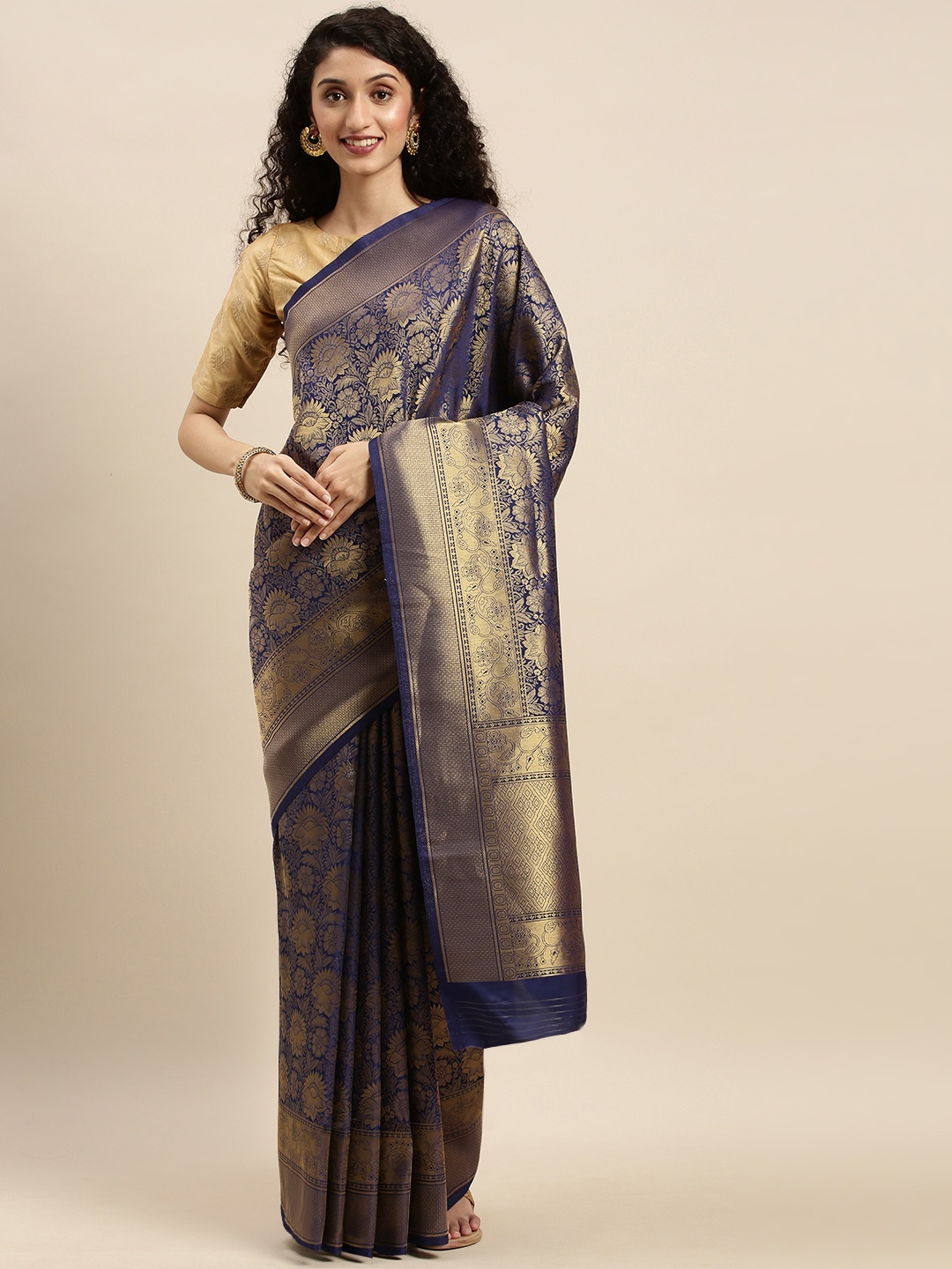 

Mitera Navy Blue & Gold-Toned Silk Blend Woven Design Kanjeevaram Saree