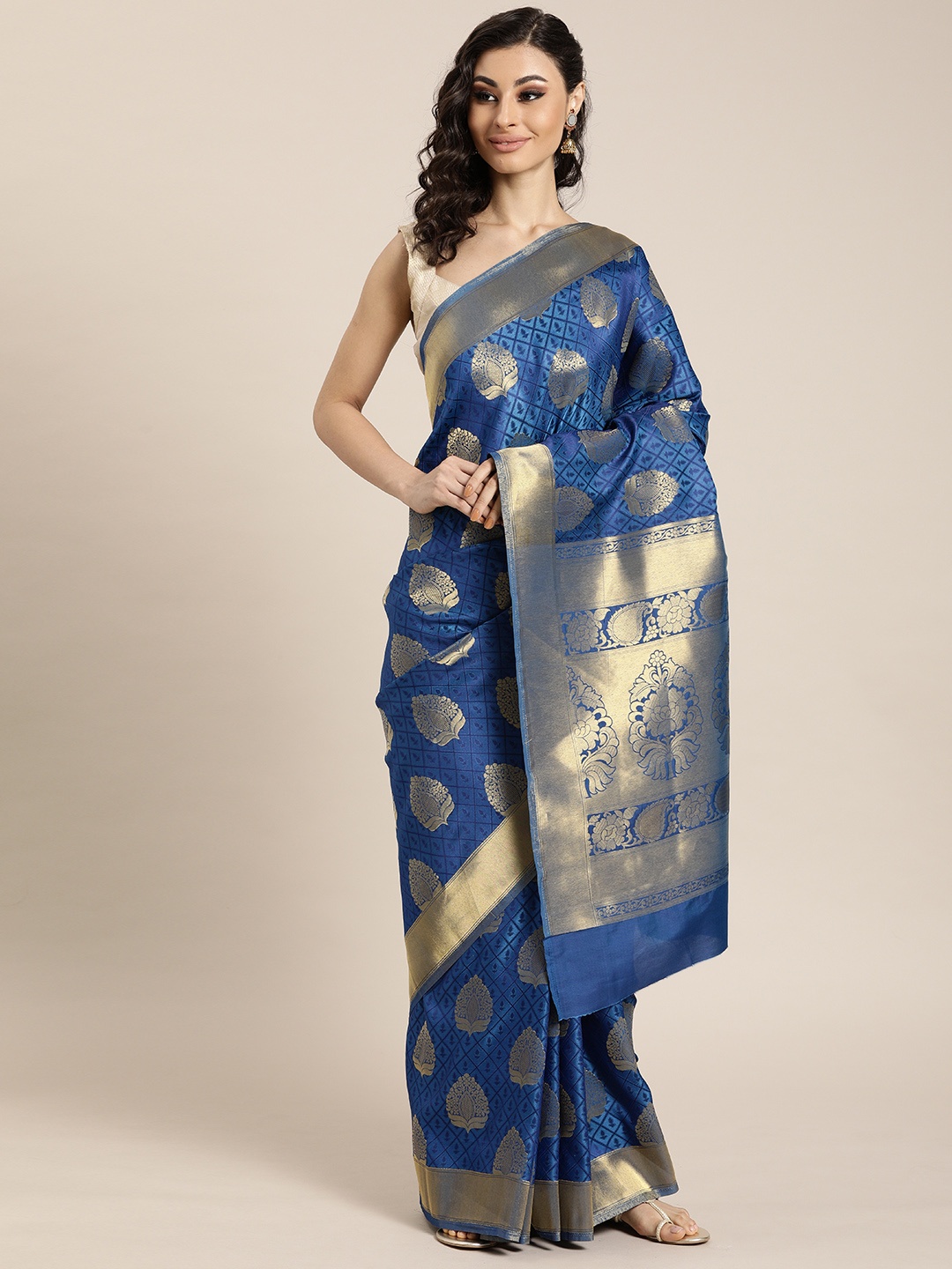 

Mitera Navy Blue & Gold-Toned Woven Design Kanjeevaram Saree