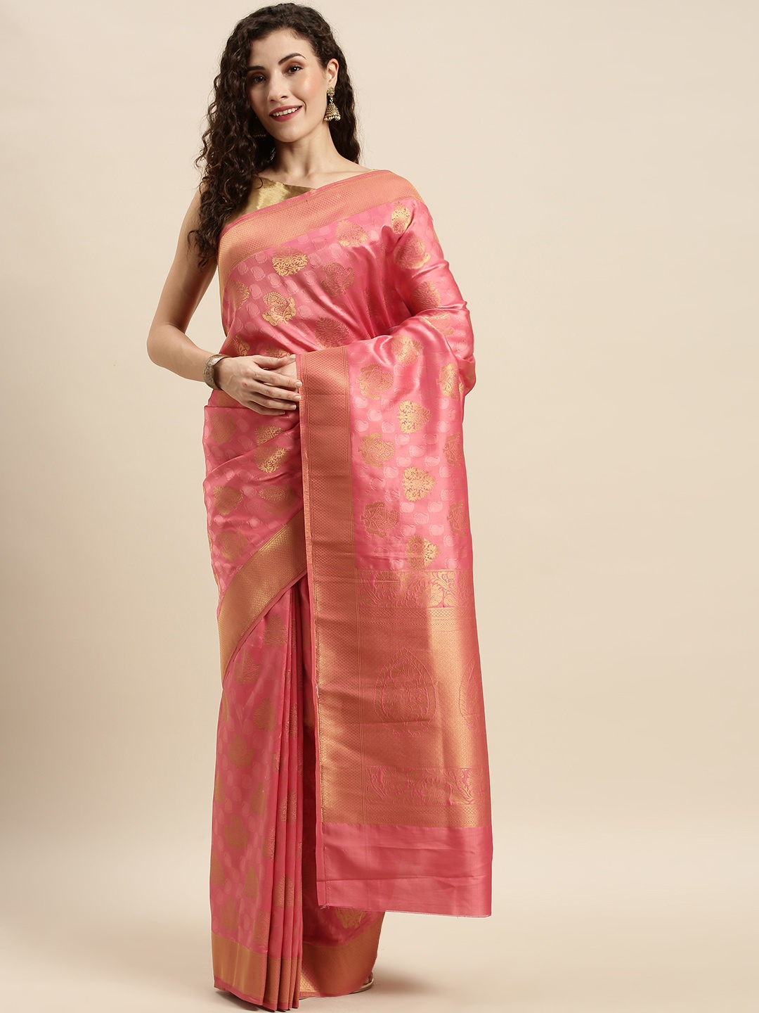 

Mitera Pink & Gold-Toned Silk Blend Woven Design Kanjeevaram Saree