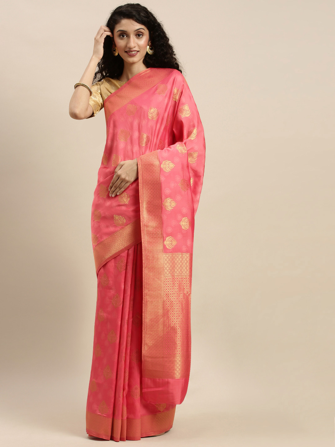 

Mitera Pink & Gold-Toned Silk Blend Woven Design Kanjeevaram Saree