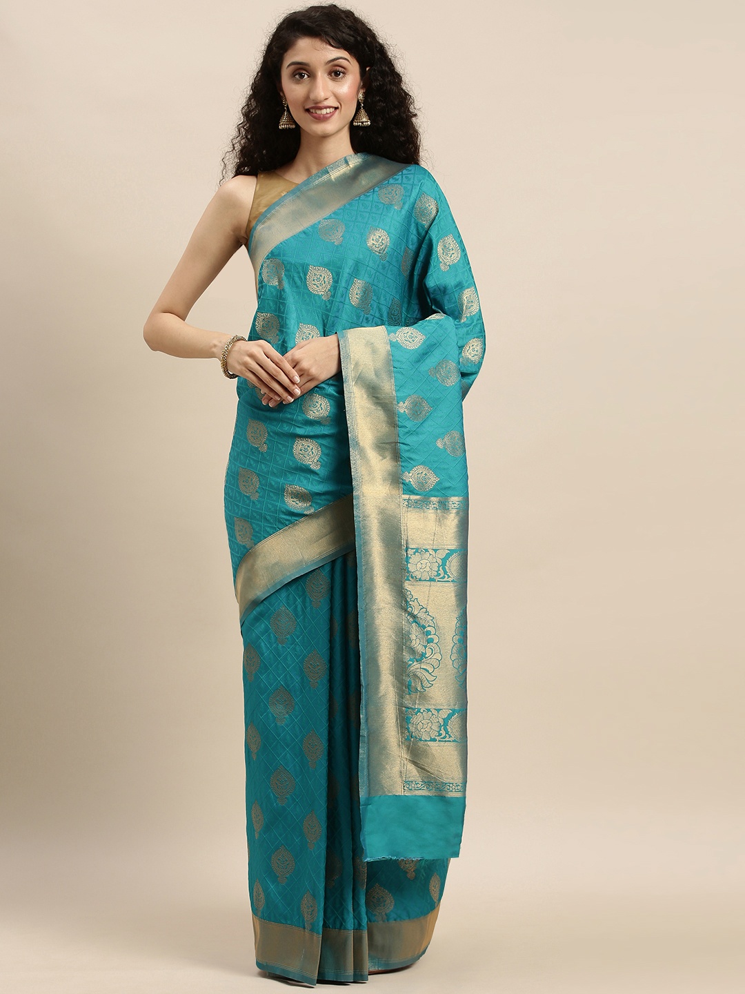 

Mitera Turquoise Blue & Gold-Coloured Silk Blend Woven Design Kanjeevaram Saree